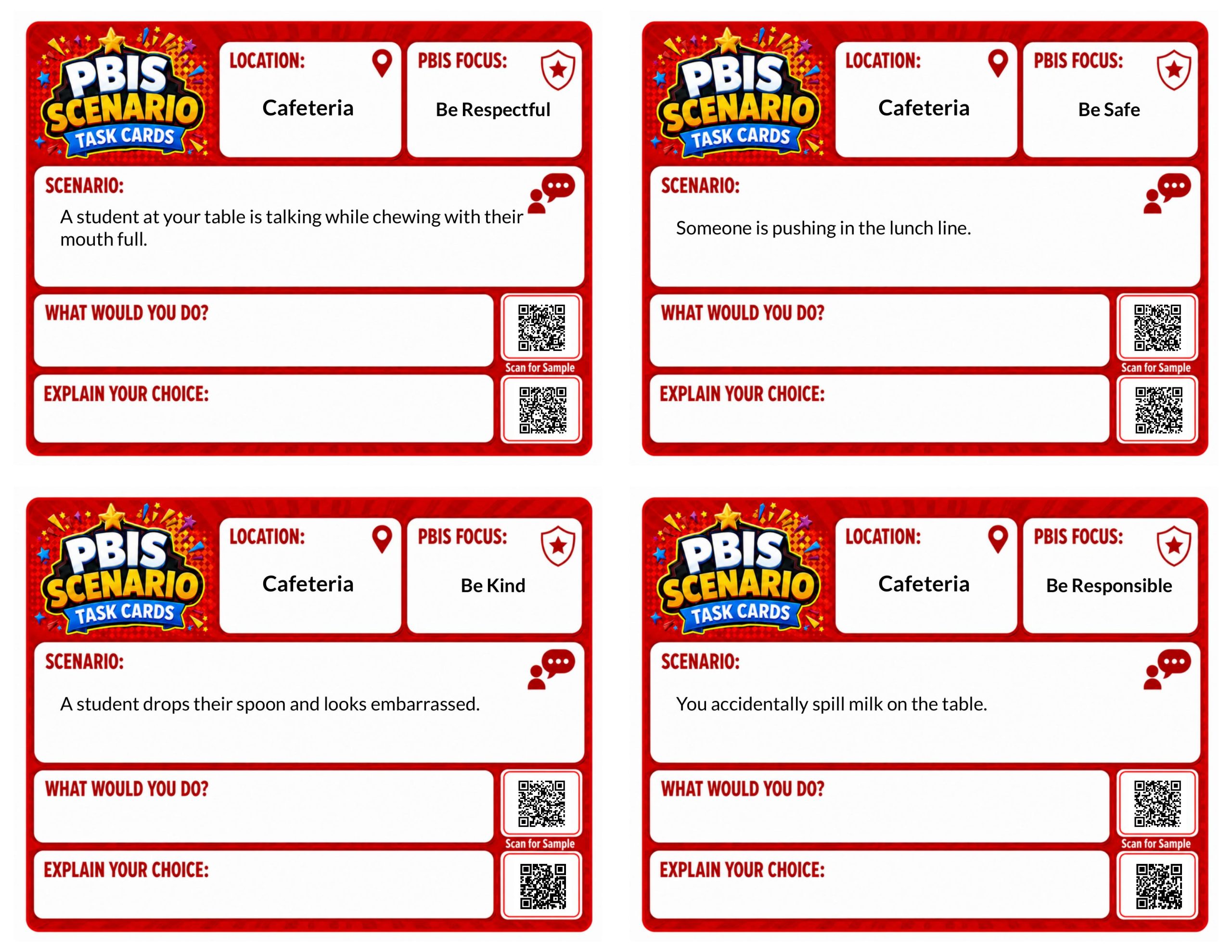 PBIS Scenario Task Cards: Cafeteria Edition