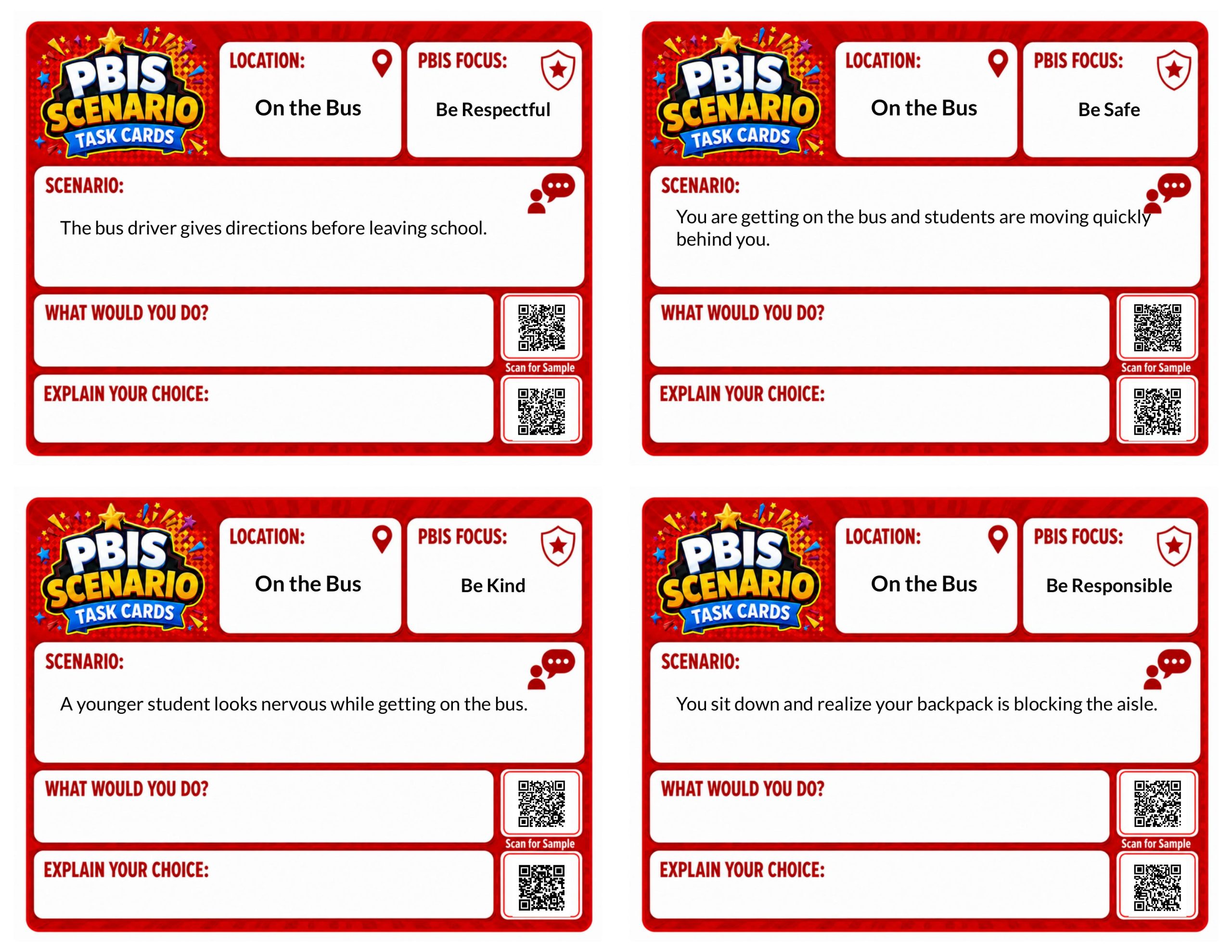 PBIS Scenario Task Cards: On the Bus Edition