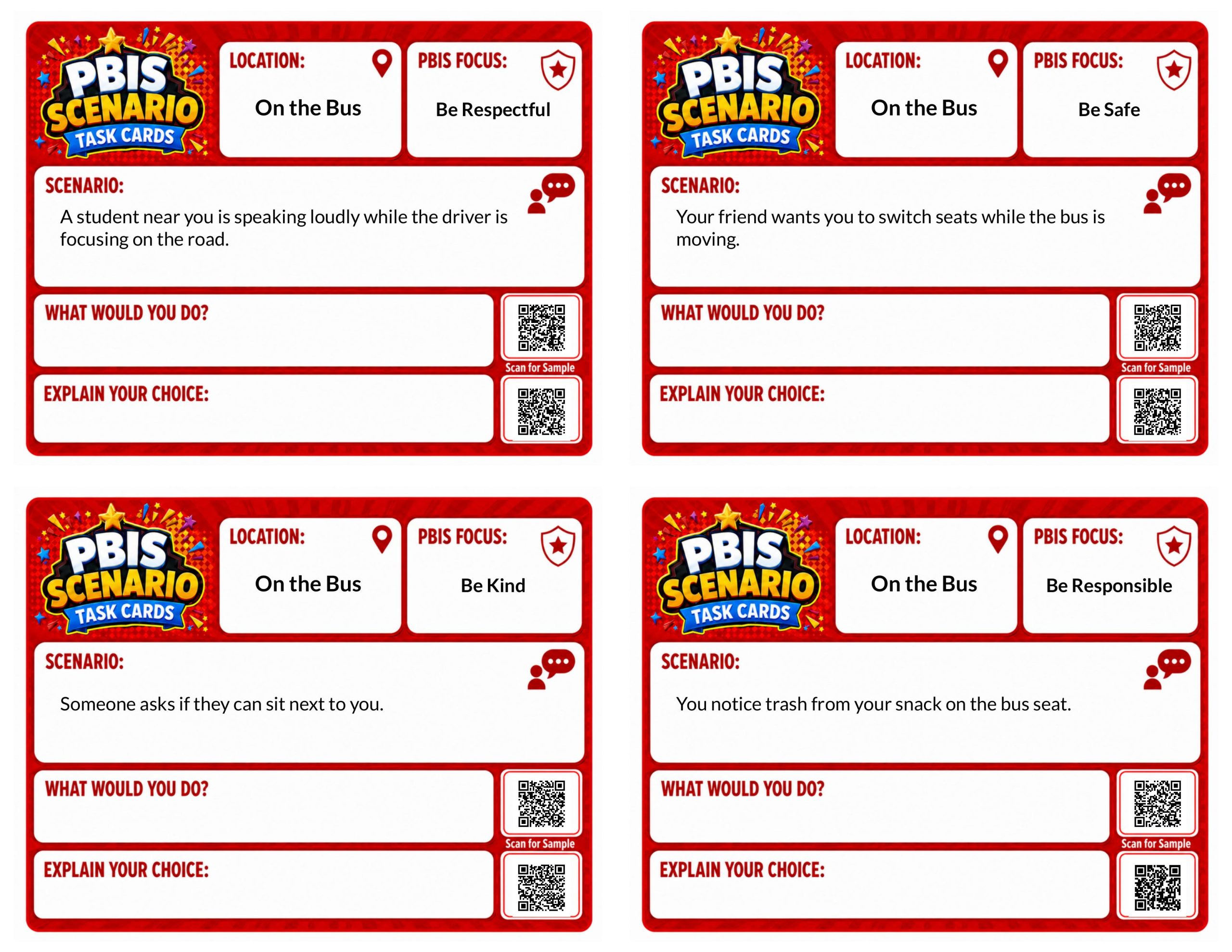 PBIS Scenario Task Cards: On the Bus Edition