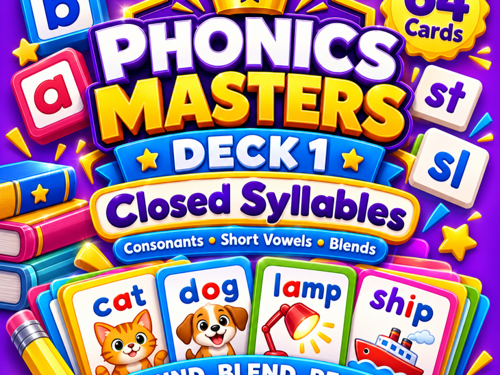 Phonics Masters Deck 1 – Closed Syllables | 64 Phonics Practice Cards