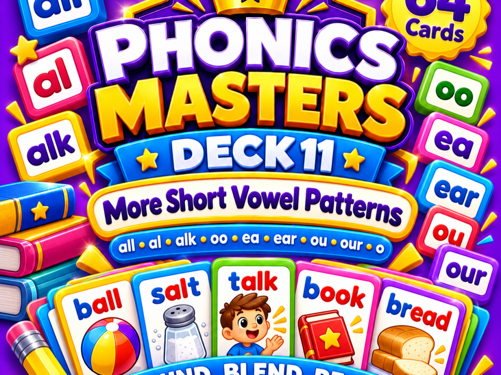 Phonics Masters Deck 11 – More Short Vowel Patterns | 64 Advanced Phonics Practice Cards
