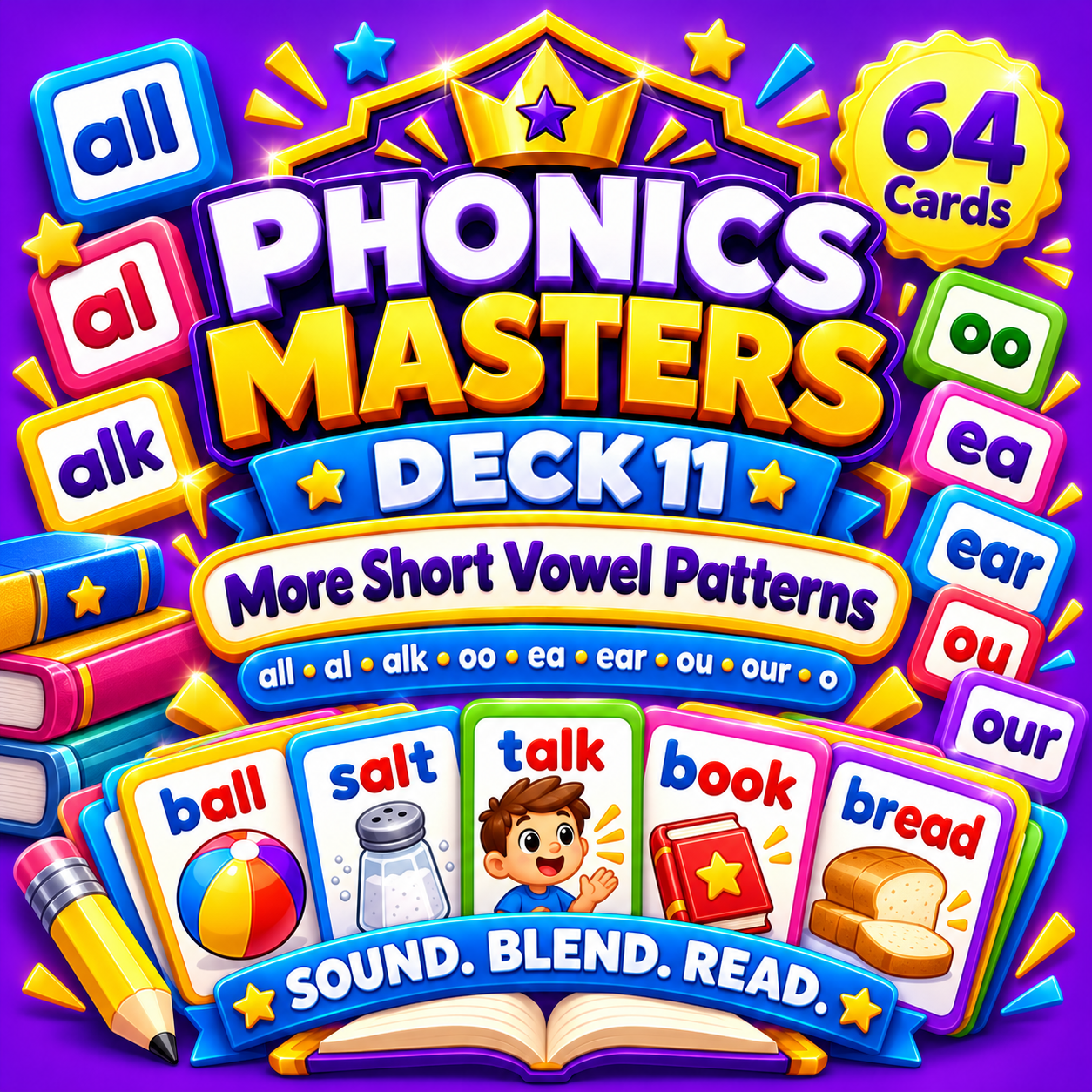 Phonics Masters Deck 11 – More Short Vowel Patterns | 64 Advanced Phonics Practice Cards cover