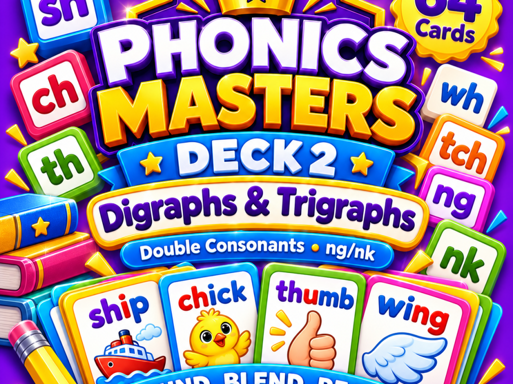 Phonics Masters Deck 2 – Digraphs, Trigraphs, and Double Consonants | 64 Phonics Cards