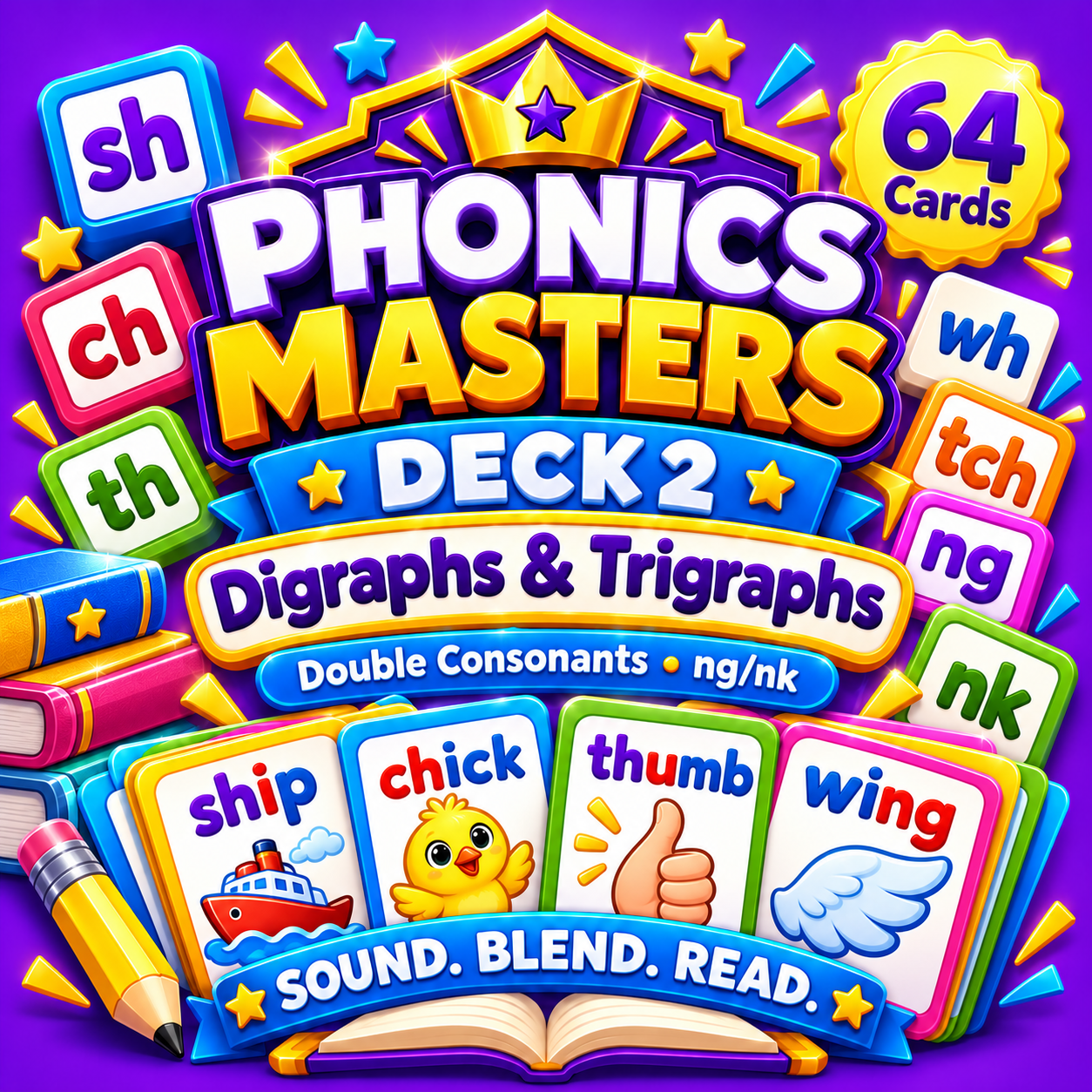Phonics Masters Deck 2 – Digraphs, Trigraphs, and Double Consonants | 64 Phonics Cards cover