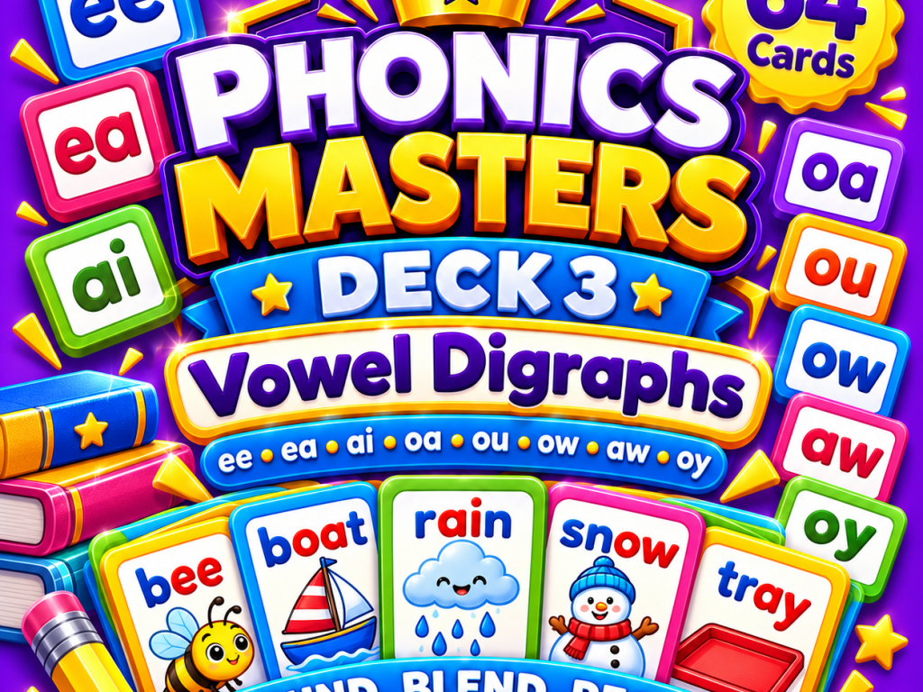 Phonics Masters Deck 3 – Vowel Digraphs | 64 Vowel Team Phonics Cards