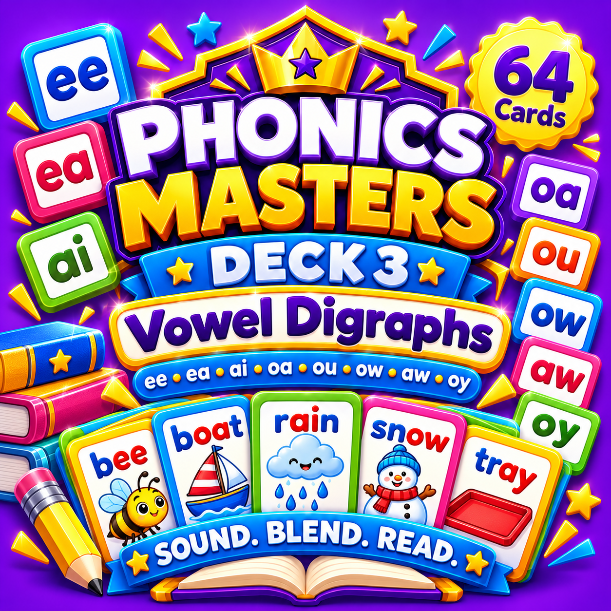 Phonics Masters Deck 3 – Vowel Digraphs | 64 Vowel Team Phonics Cards cover