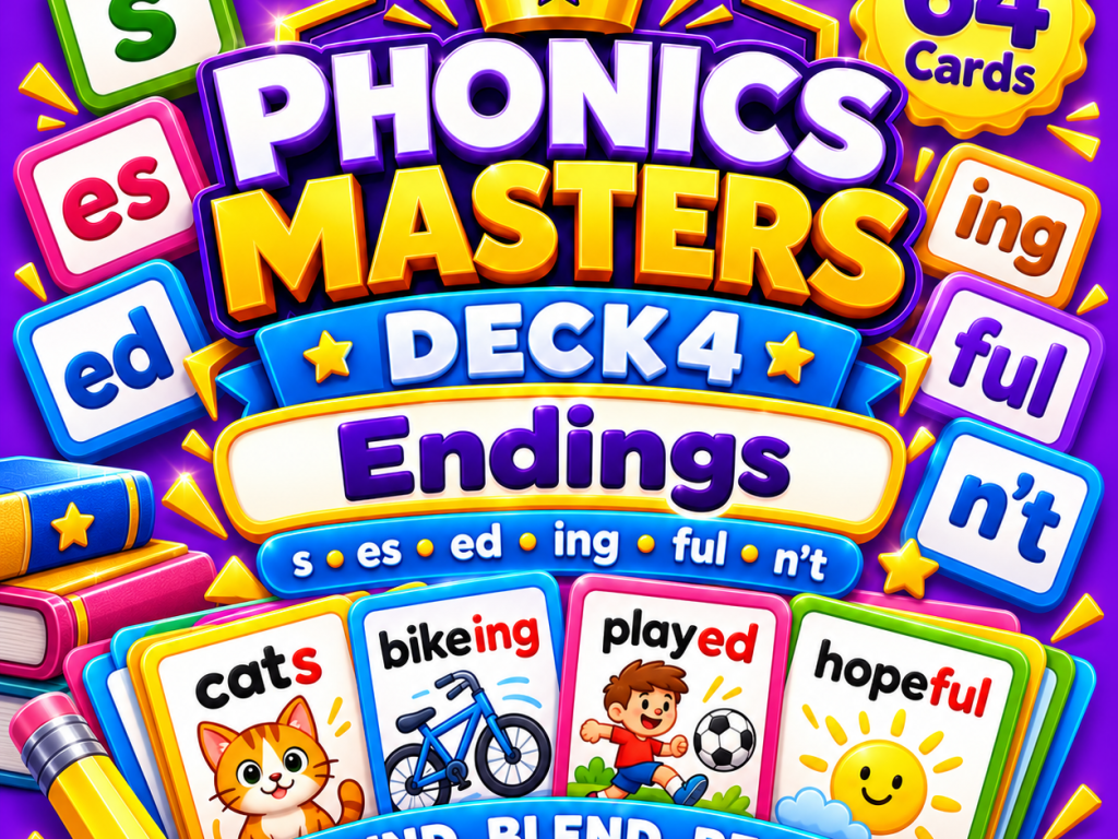 Phonics Masters Deck 4 – Word Endings | 64 Suffix and Inflectional Ending Practice Cards