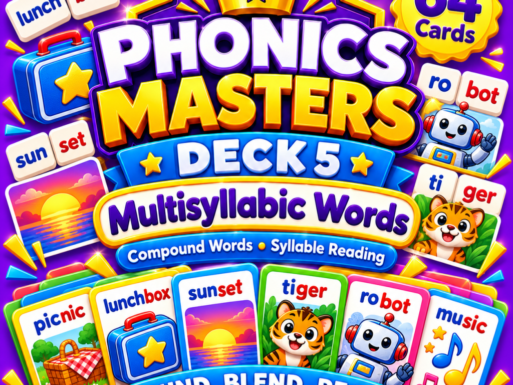 Phonics Masters Deck 5 – Multisyllabic Words | 64 Syllable Reading and Decoding Cards
