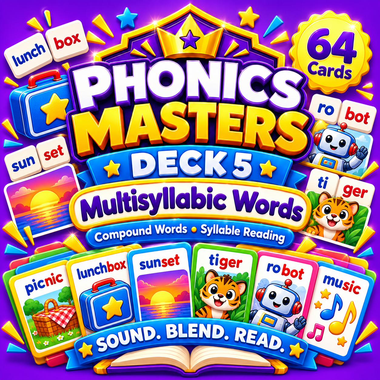 Phonics Masters Deck 5 – Multisyllabic Words | 64 Syllable Reading and Decoding Cards cover
