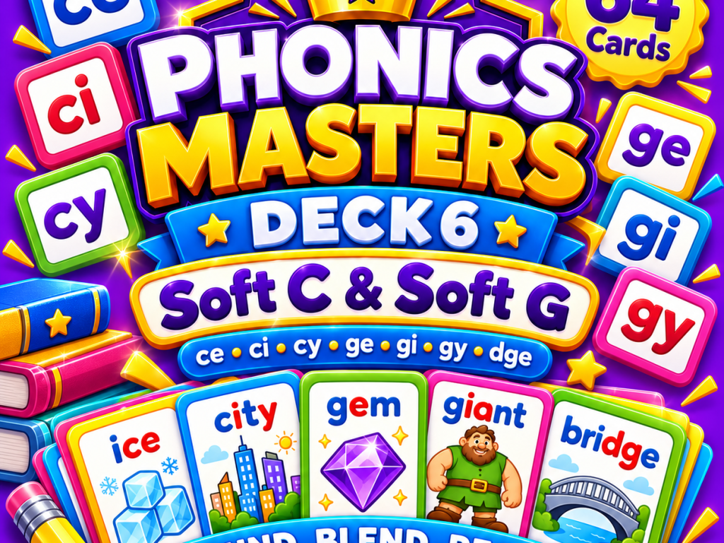 Phonics Masters Deck 6 – Soft C and Soft G | 64 Phonics and Spelling Pattern Cards