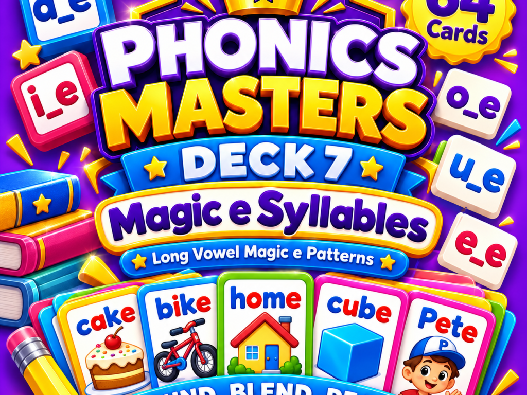 Phonics Masters Deck 7 – Magic E Syllables | 64 Silent E and Long Vowel Cards