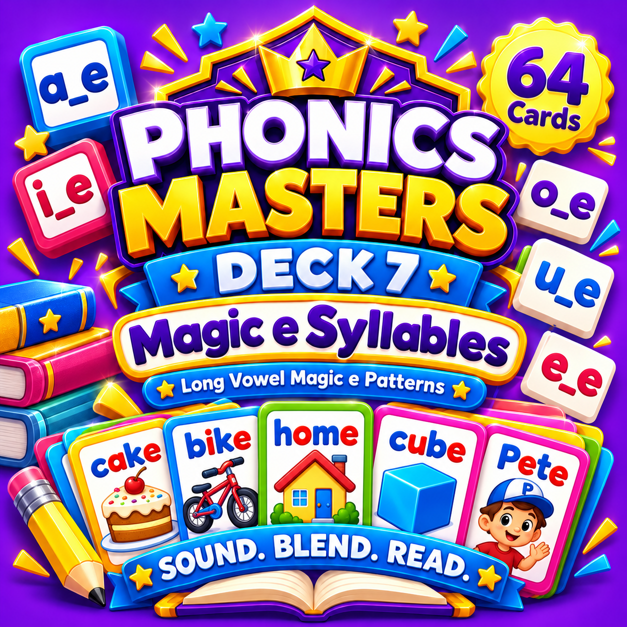 Phonics Masters Deck 7 – Magic E Syllables | 64 Silent E and Long Vowel Cards cover