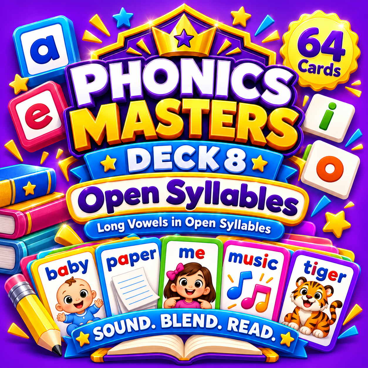 Phonics Masters Deck 8 – Open Syllables | 64 Long Vowel and Syllable Reading Cards cover