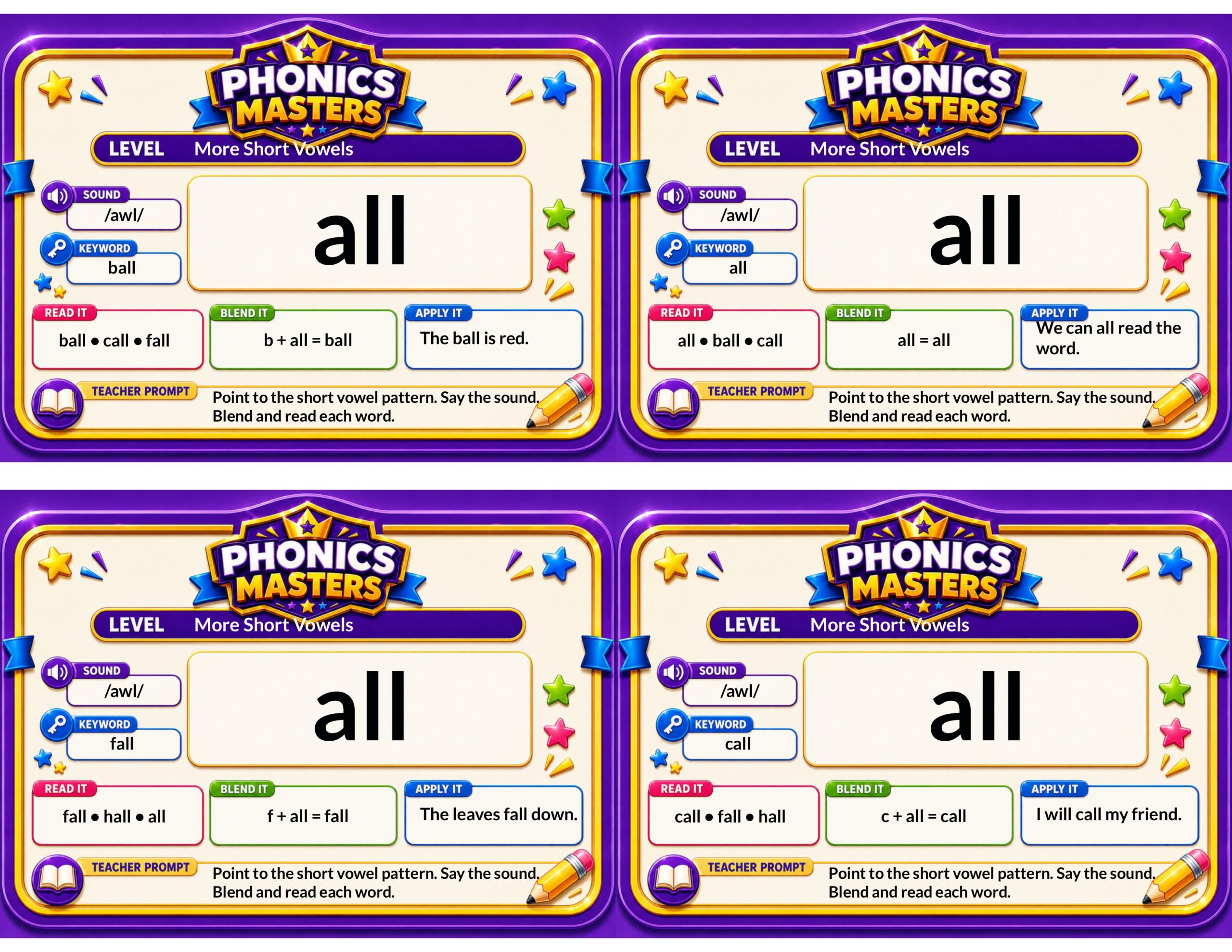 Phonics Masters Deck 11 – More Short Vowel Patterns | 64 Advanced Phonics Practice Cards