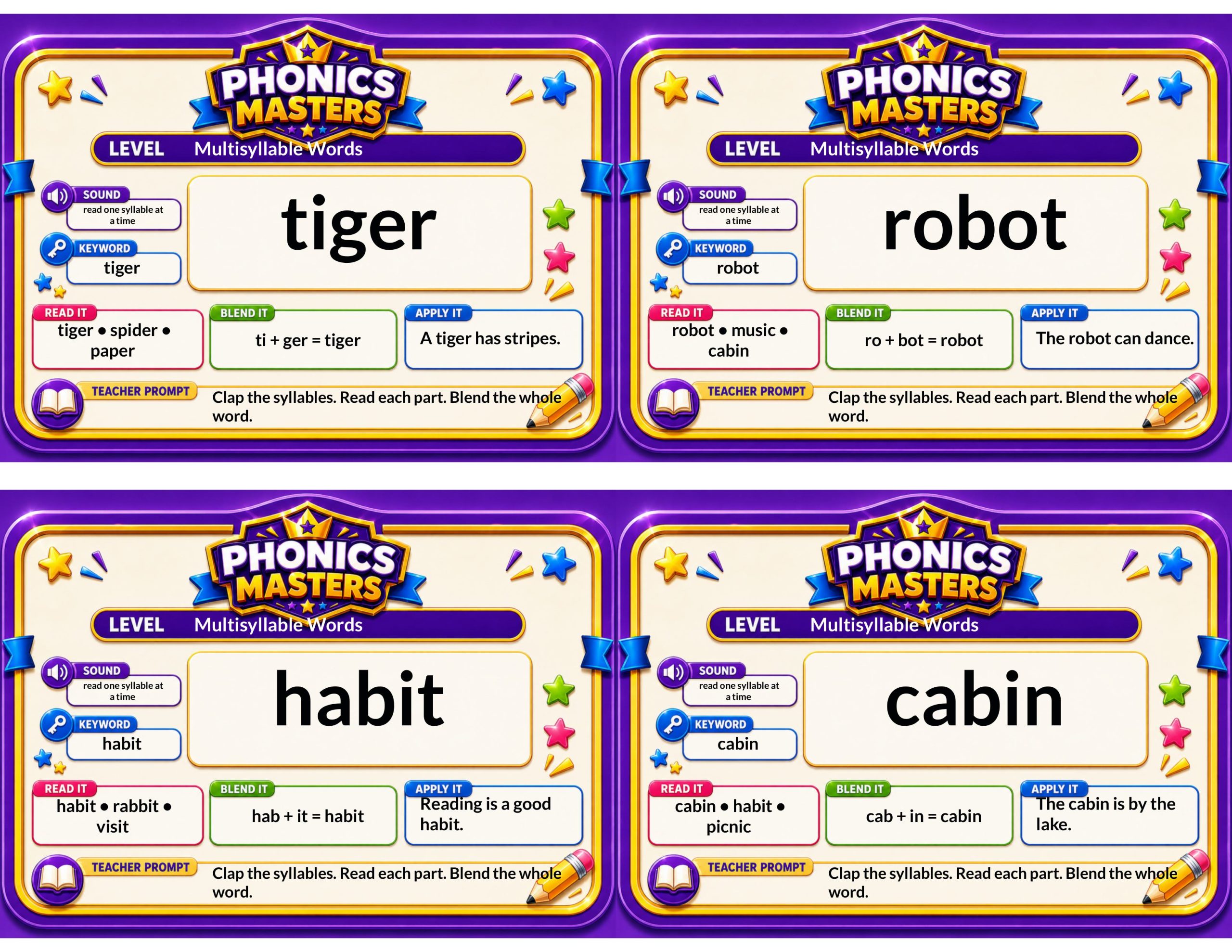 Phonics Masters Deck 5 – Multisyllabic Words | 64 Syllable Reading and Decoding Cards