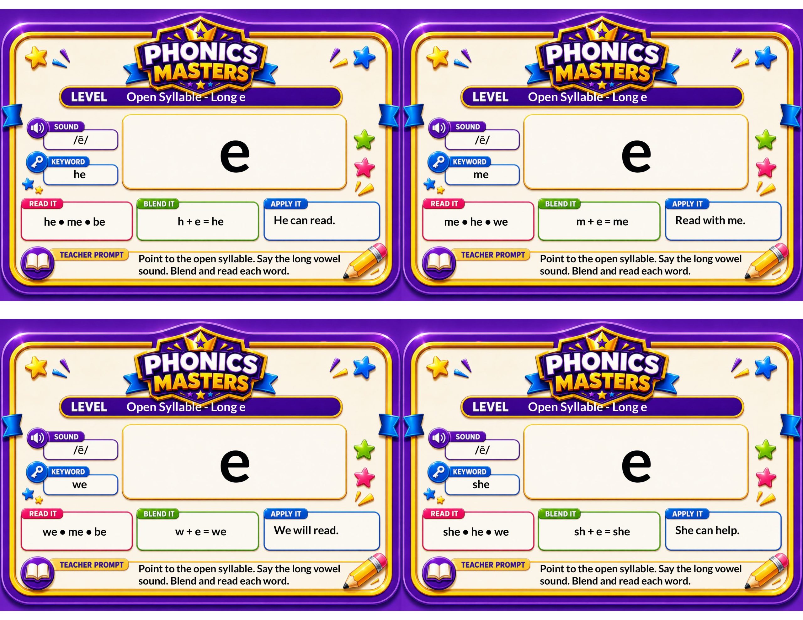 Phonics Masters Deck 8 – Open Syllables | 64 Long Vowel and Syllable Reading Cards