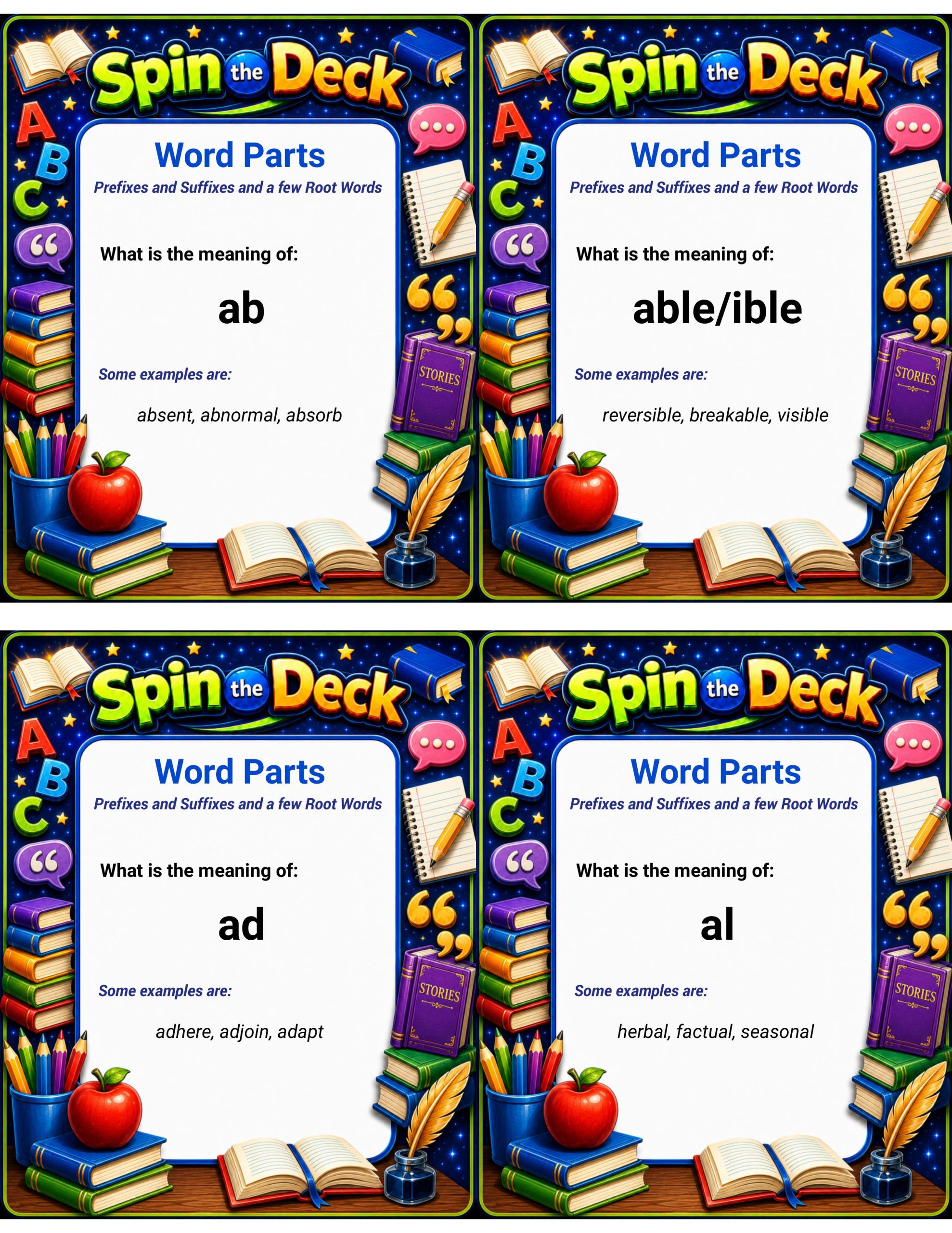 Spin the Deck – Word Parts | Prefixes, Suffixes & Root Words Vocabulary Cards