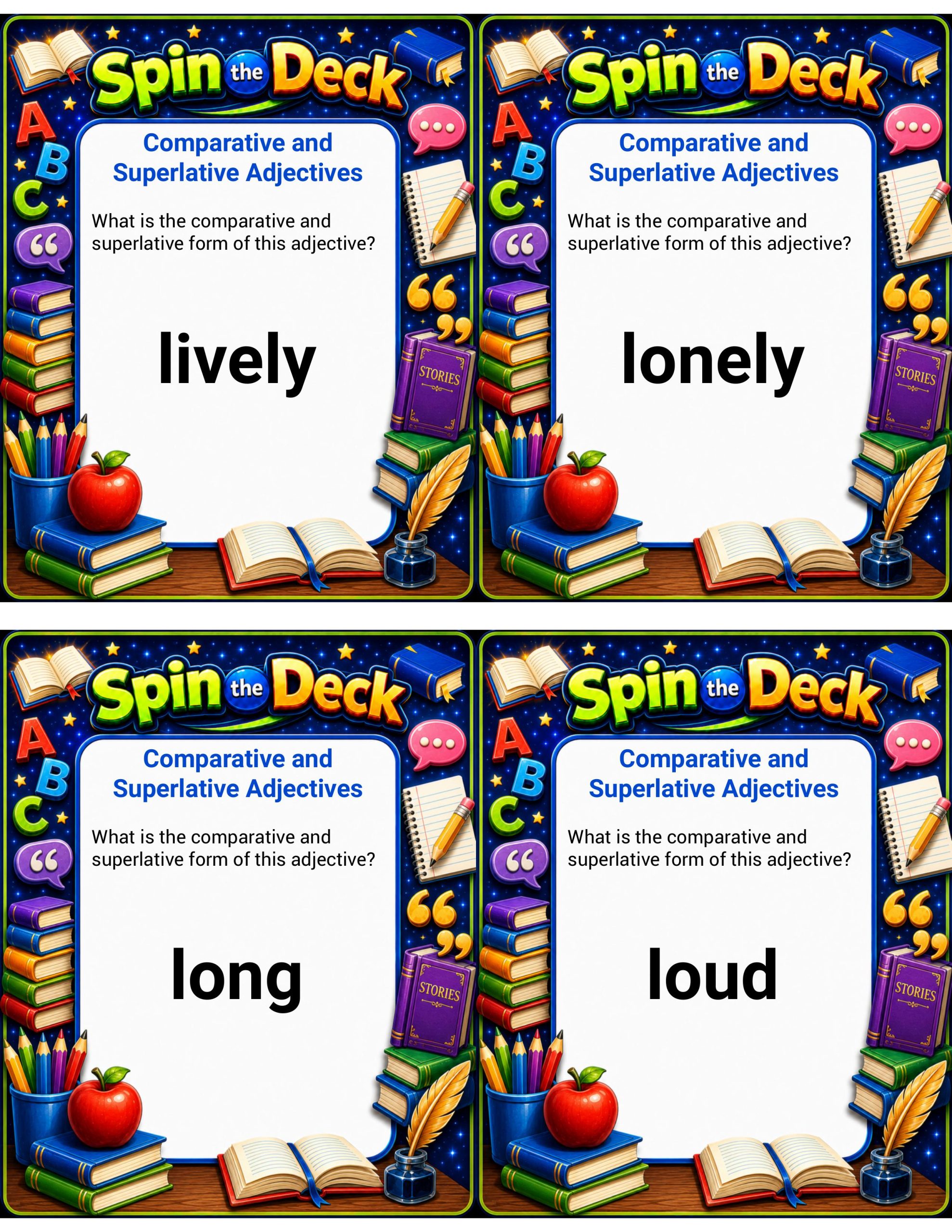 Spin the Deck – Comparative and Superlative Adjectives 3 | Grammar and Vocabulary Cards