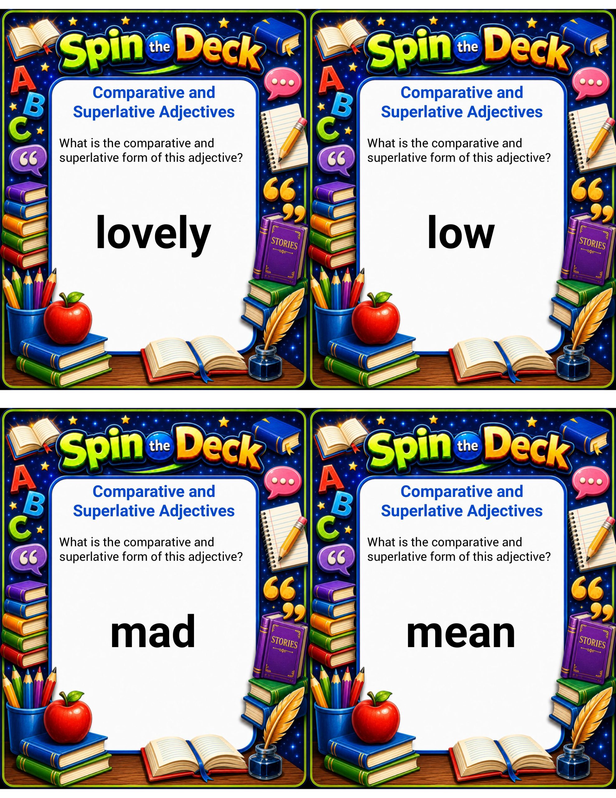 Spin the Deck – Comparative and Superlative Adjectives 3 | Grammar and Vocabulary Cards