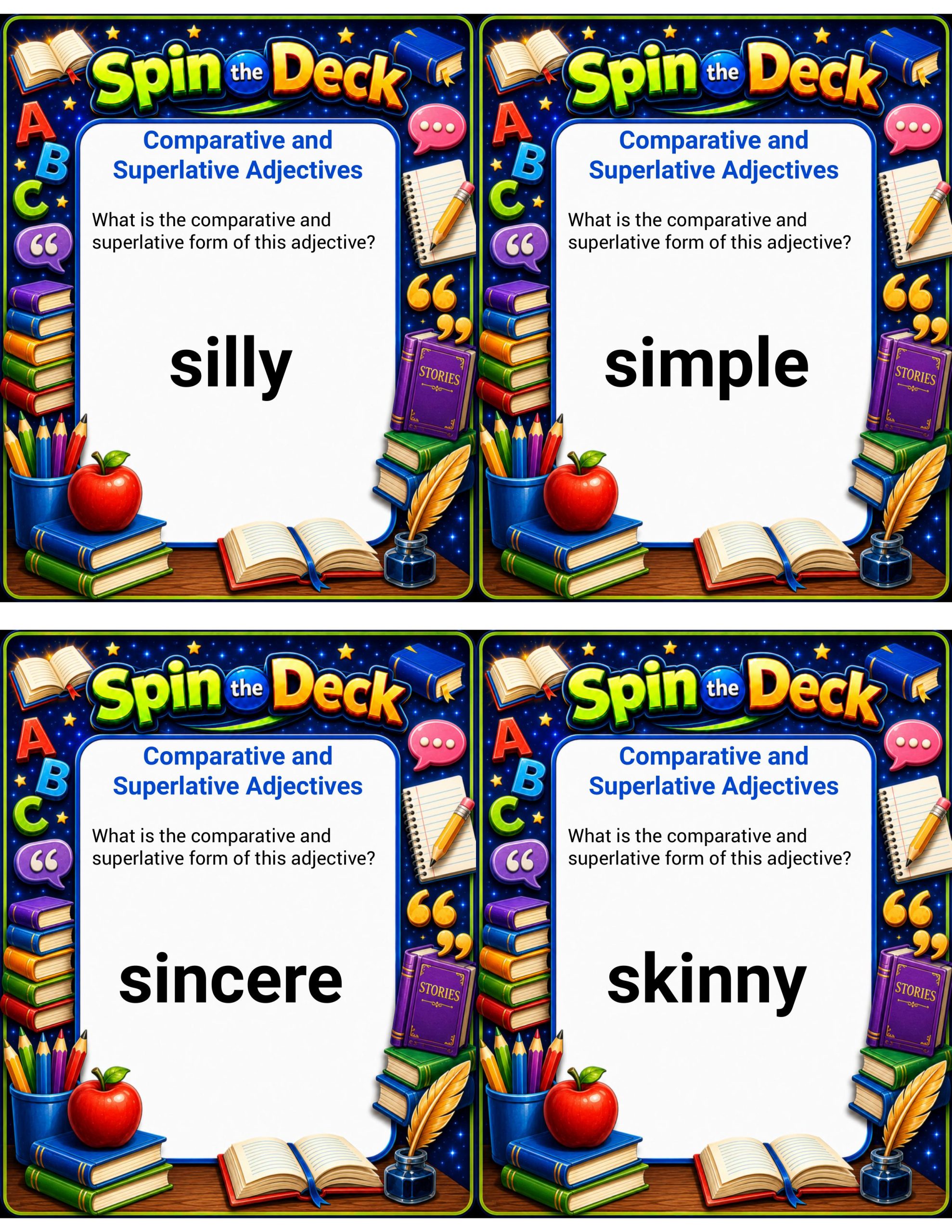 Spin the Deck – Comparative and Superlative Adjectives 4 | Advanced Grammar Review Cards