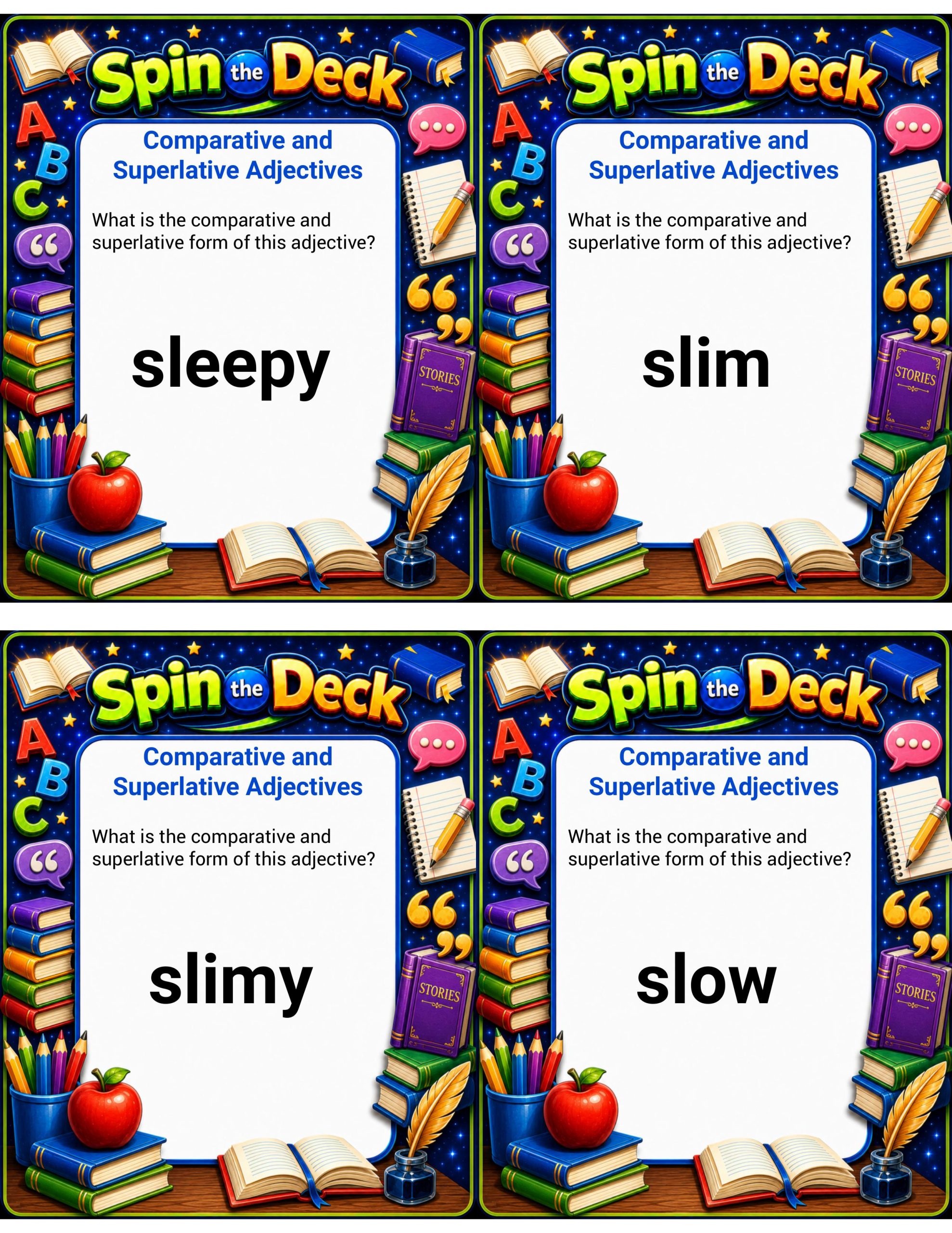 Spin the Deck – Comparative and Superlative Adjectives 4 | Advanced Grammar Review Cards