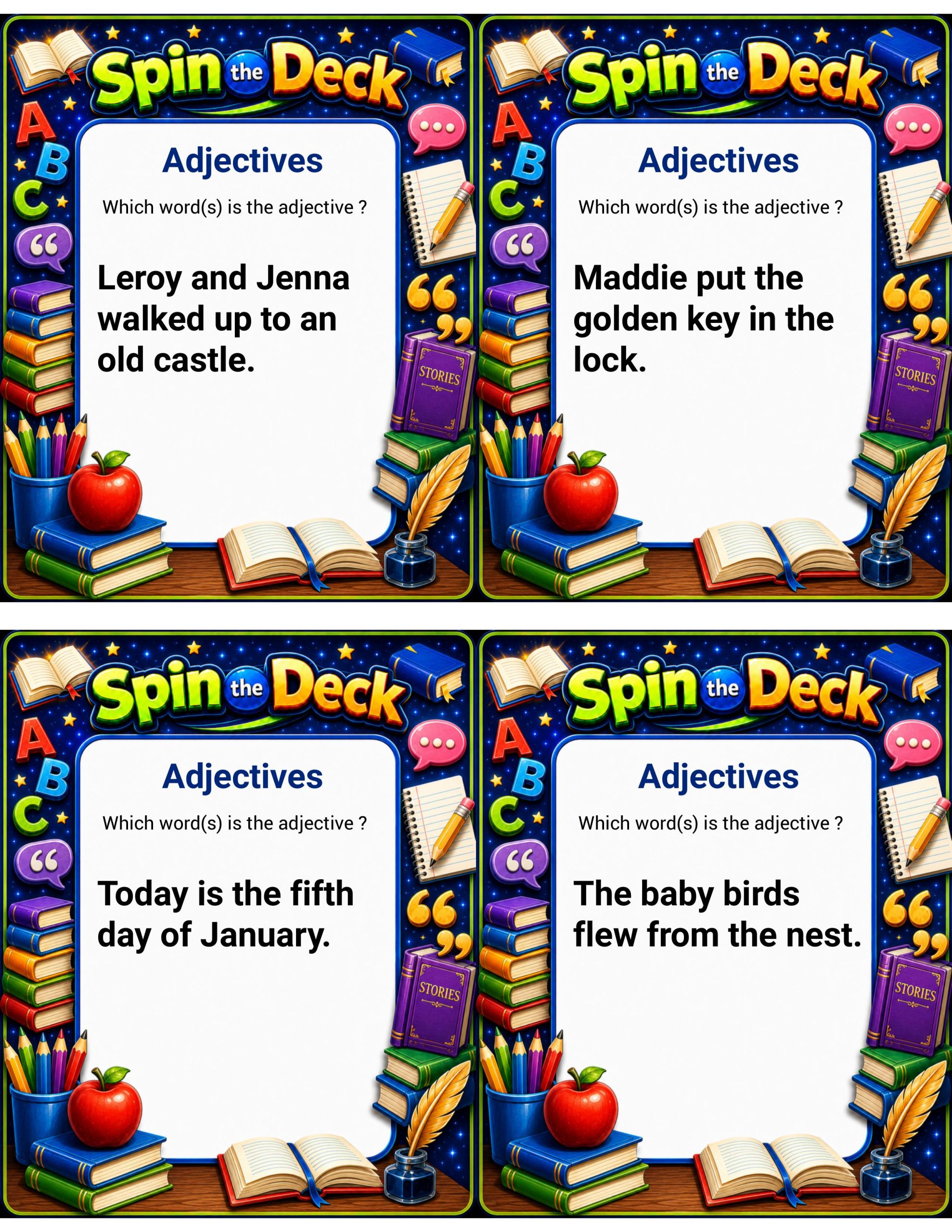 Spin the Deck: Adjectives | Grammar Task Cards and Parts of Speech Review