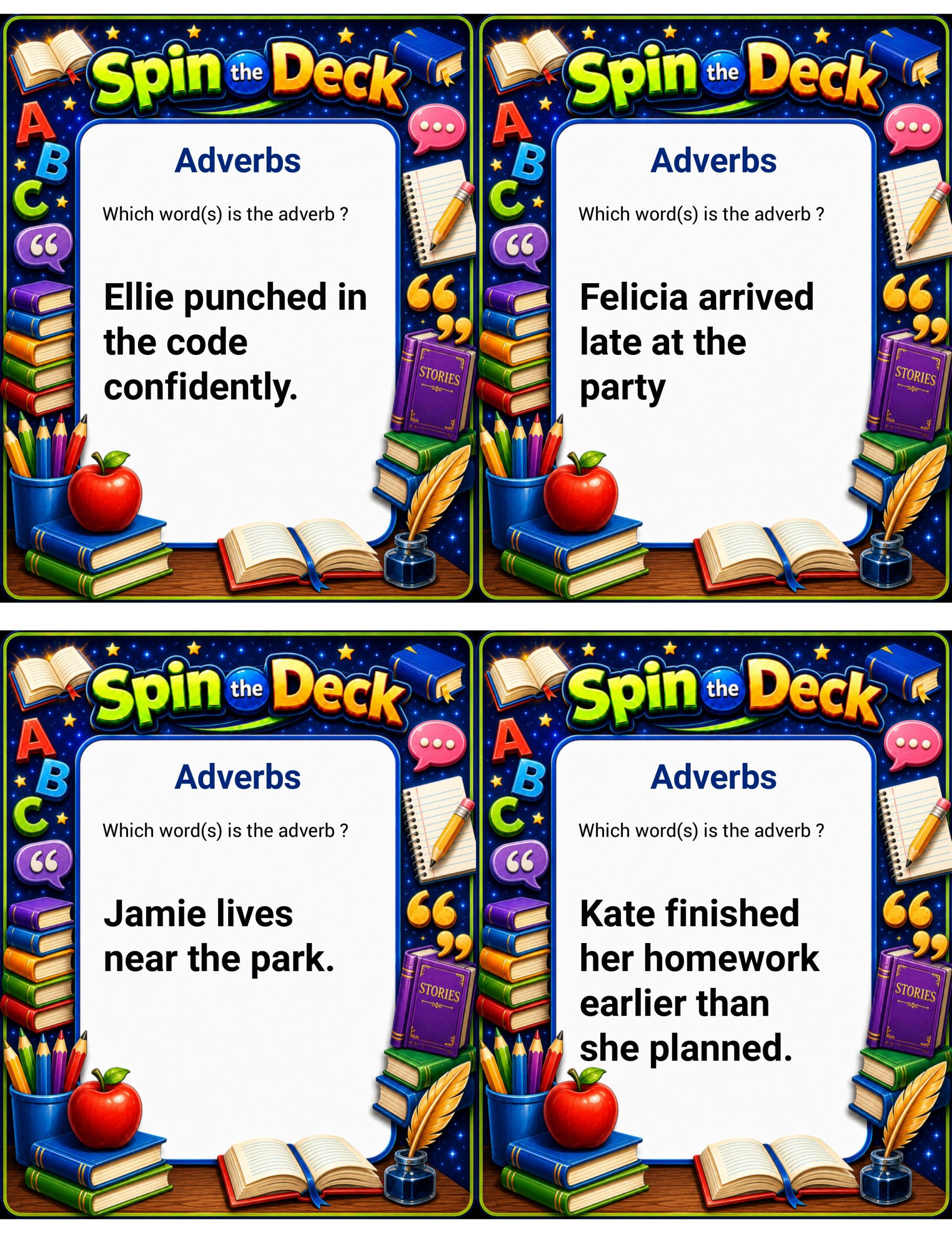 Spin the Deck: Adverbs | Grammar Task Cards and Parts of Speech Review