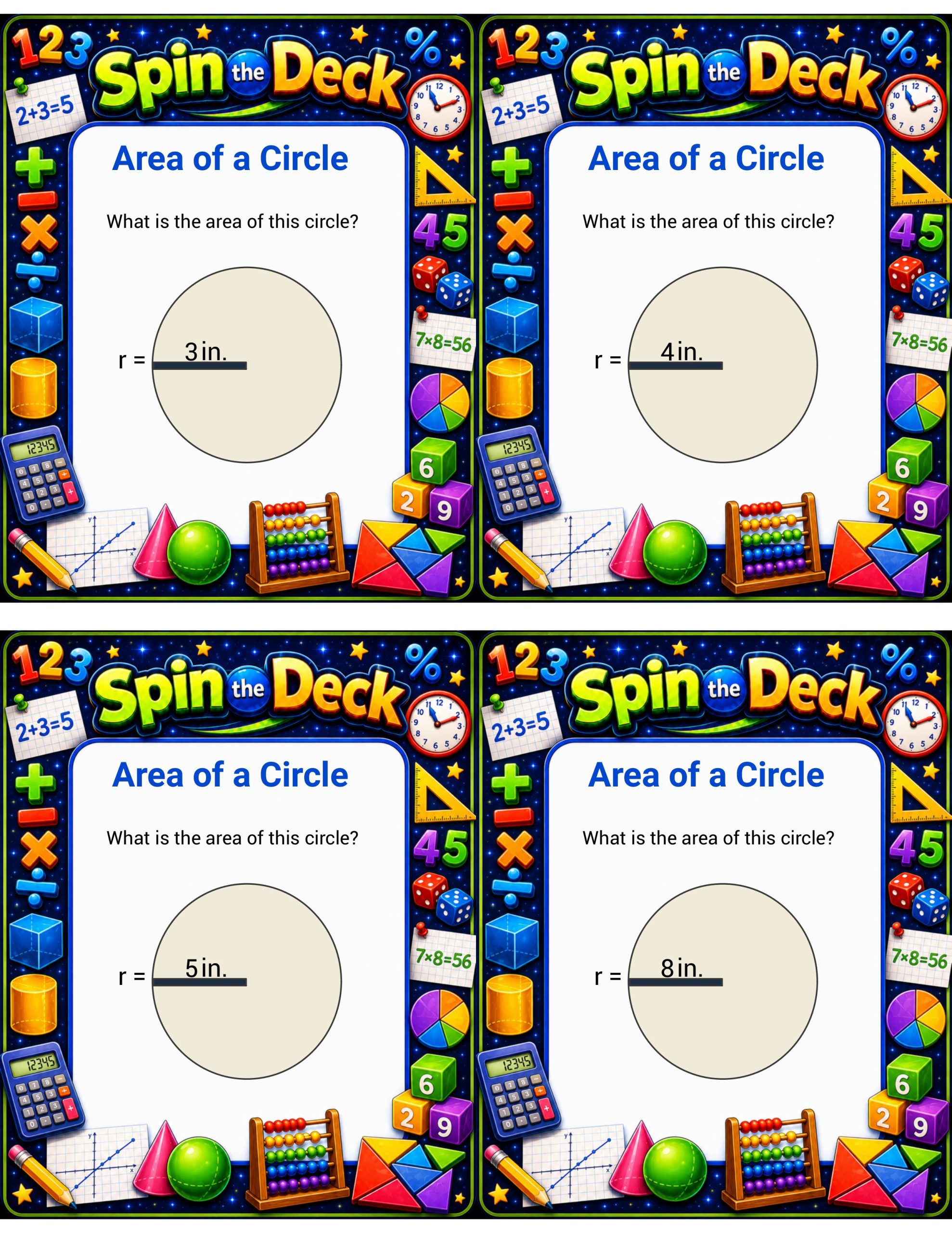 Spin the Deck – Area of a Circle | Geometry Practice Task Cards