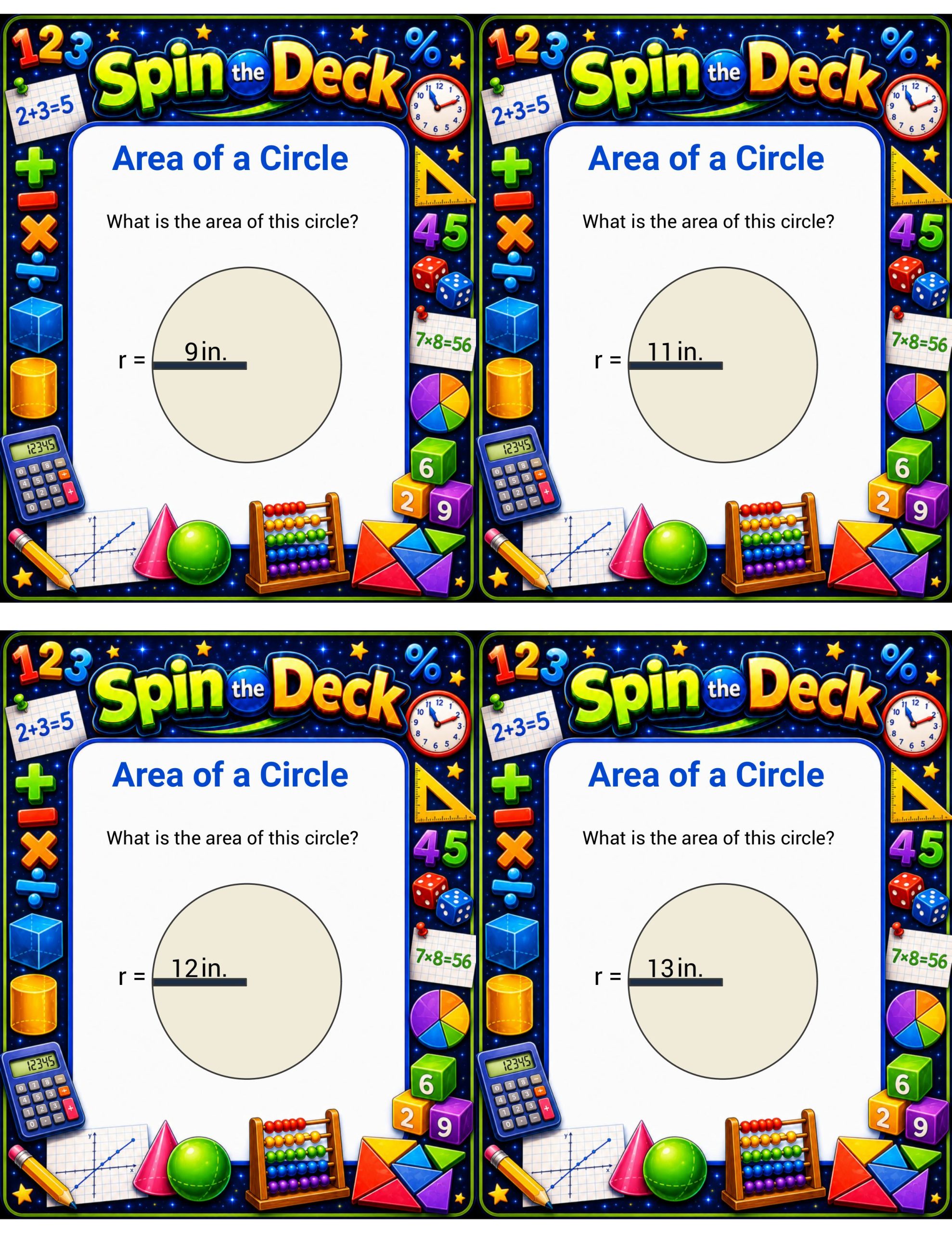 Spin the Deck – Area of a Circle | Geometry Practice Task Cards