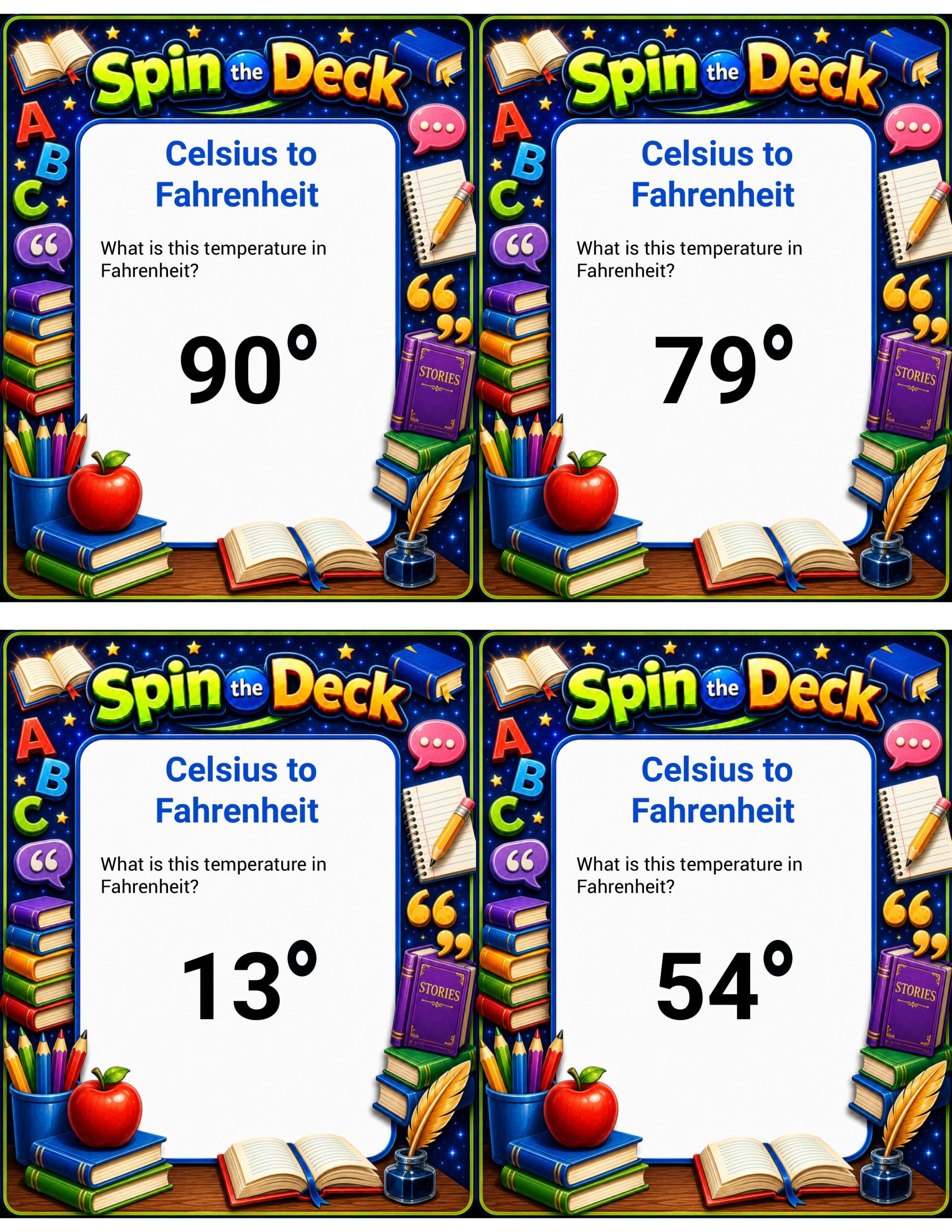 Spin the Deck – Celsius to Fahrenheit | Temperature Conversion Practice Cards