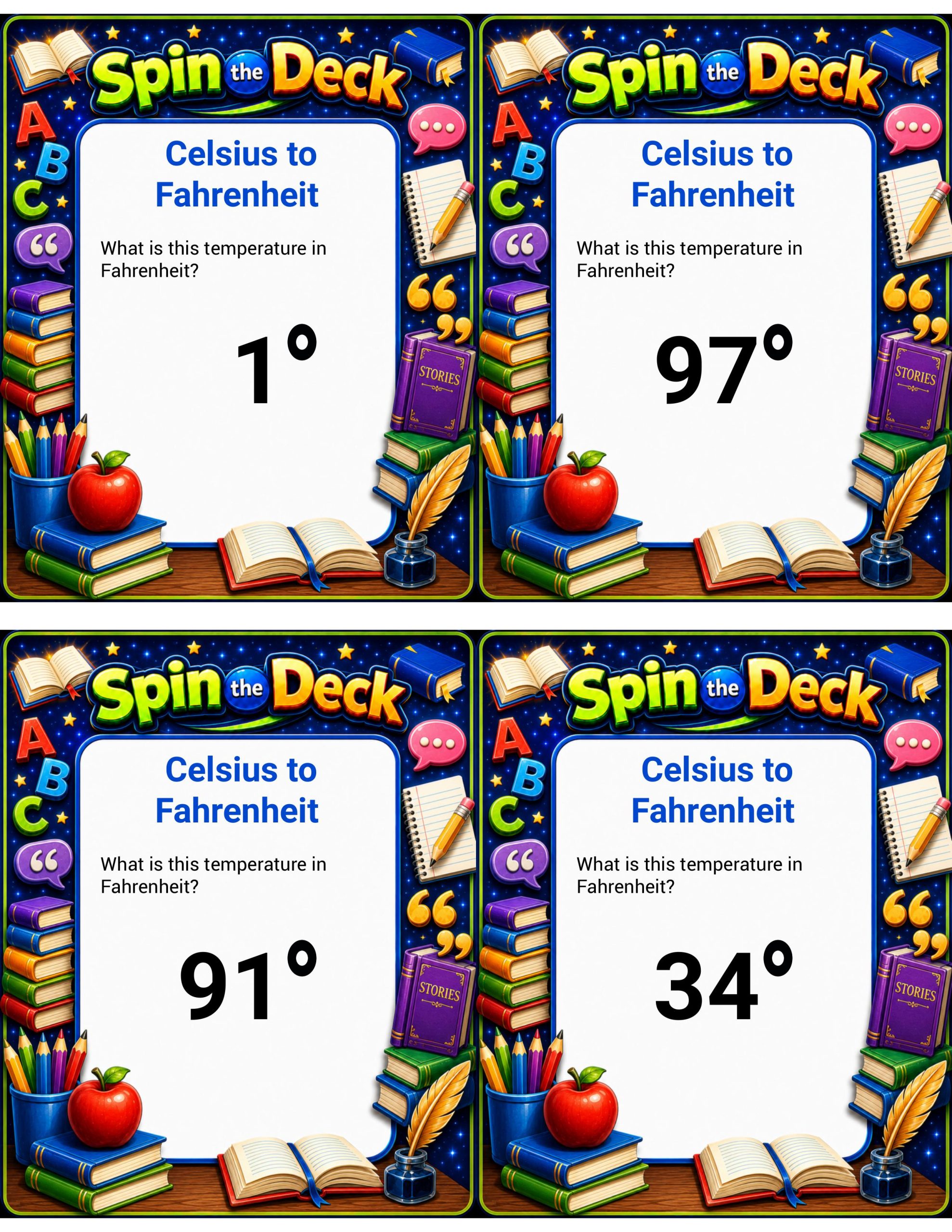 Spin the Deck – Celsius to Fahrenheit | Temperature Conversion Practice Cards