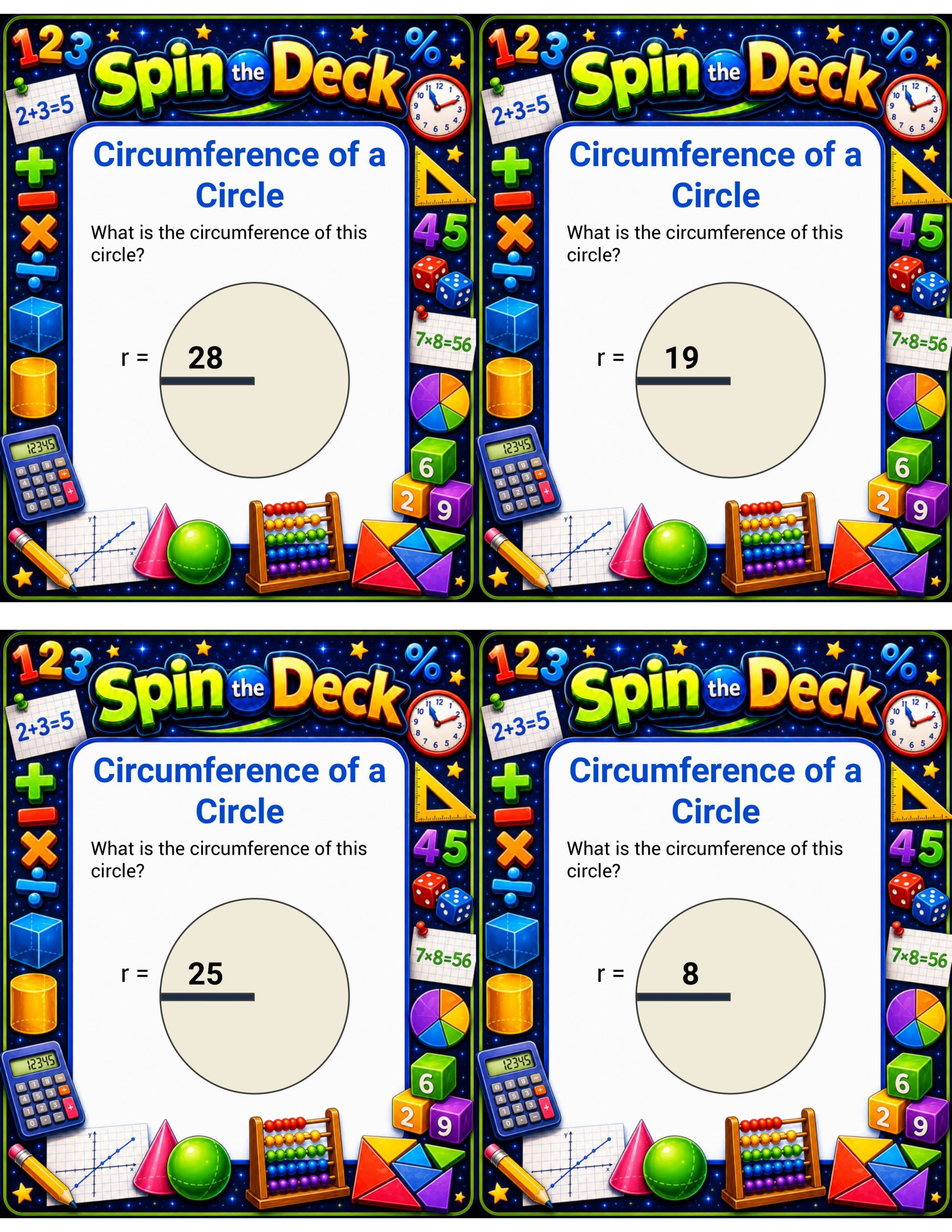 Spin the Deck – Circumference of a Circle | Geometry Formula Practice Cards