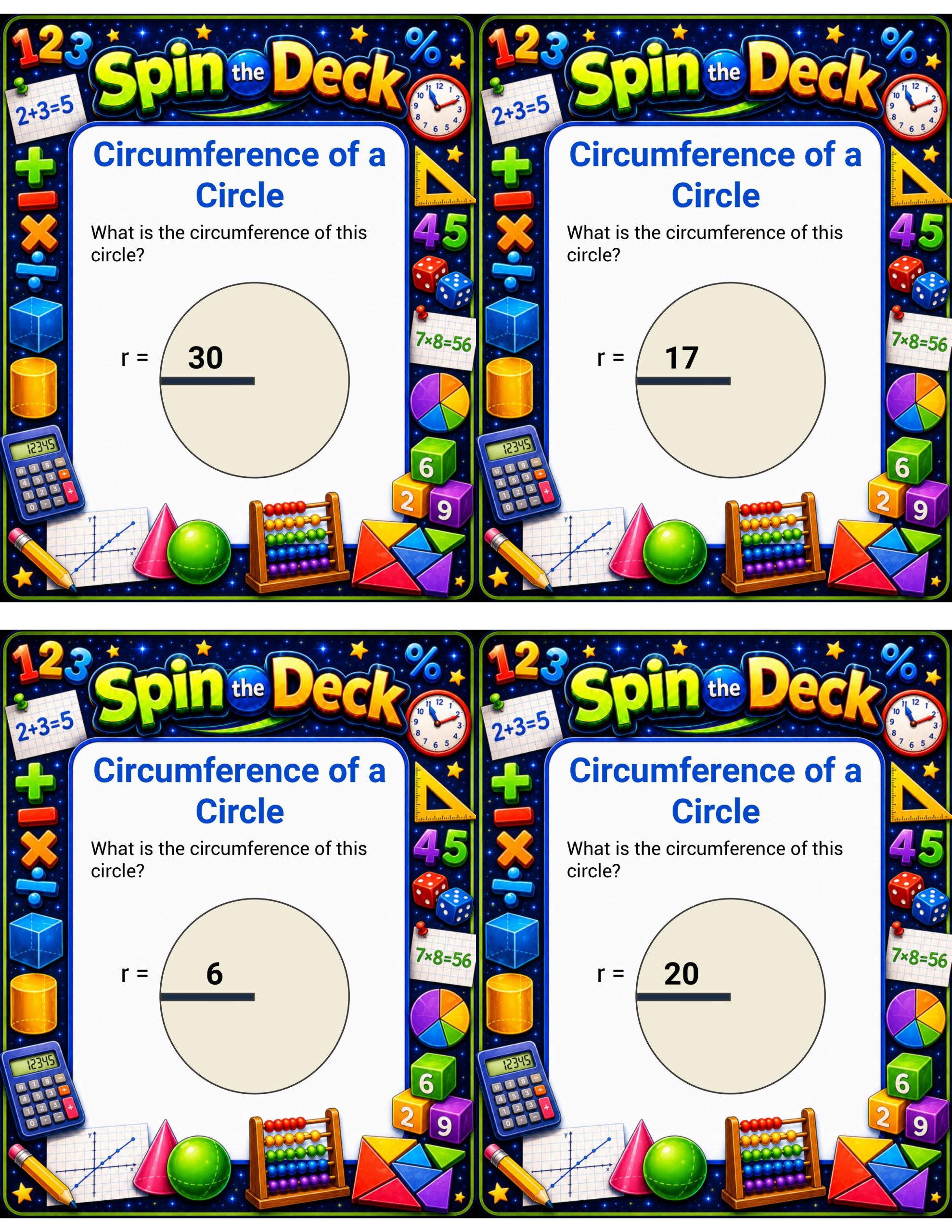 Spin the Deck – Circumference of a Circle | Geometry Formula Practice Cards
