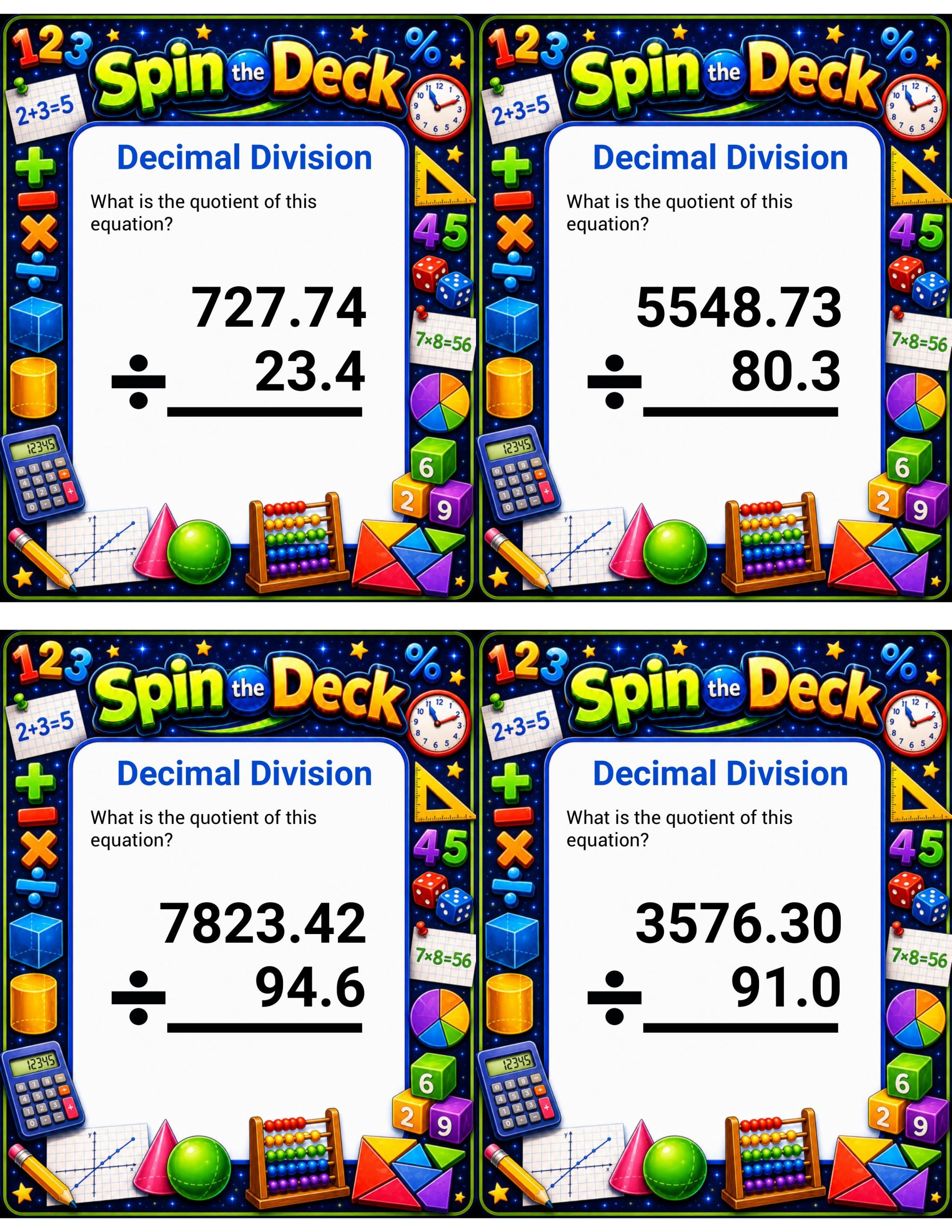 Spin the Deck – Decimal Division | Decimal Operations and Math Practice Cards