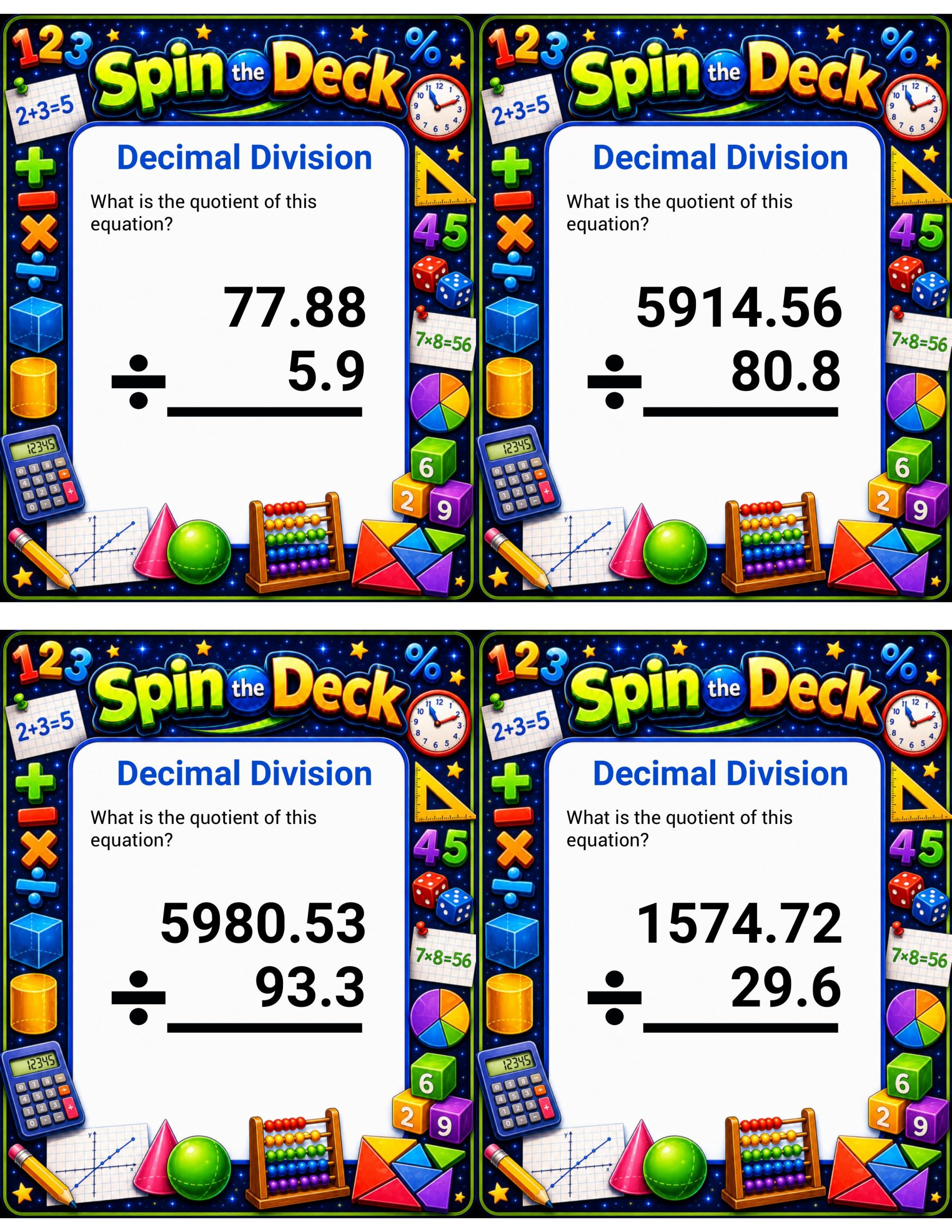 Spin the Deck – Decimal Division | Decimal Operations and Math Practice Cards