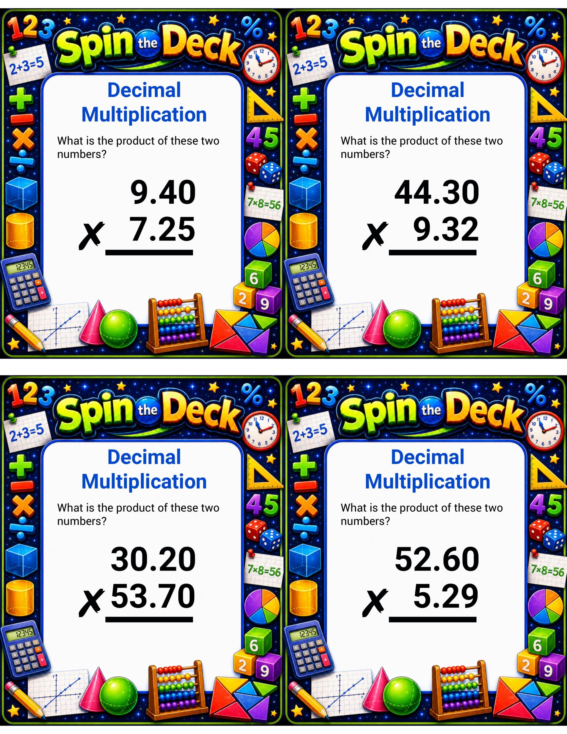 Spin the Deck – Decimal Multiplication | Decimal Operations and Math Fluency Cards