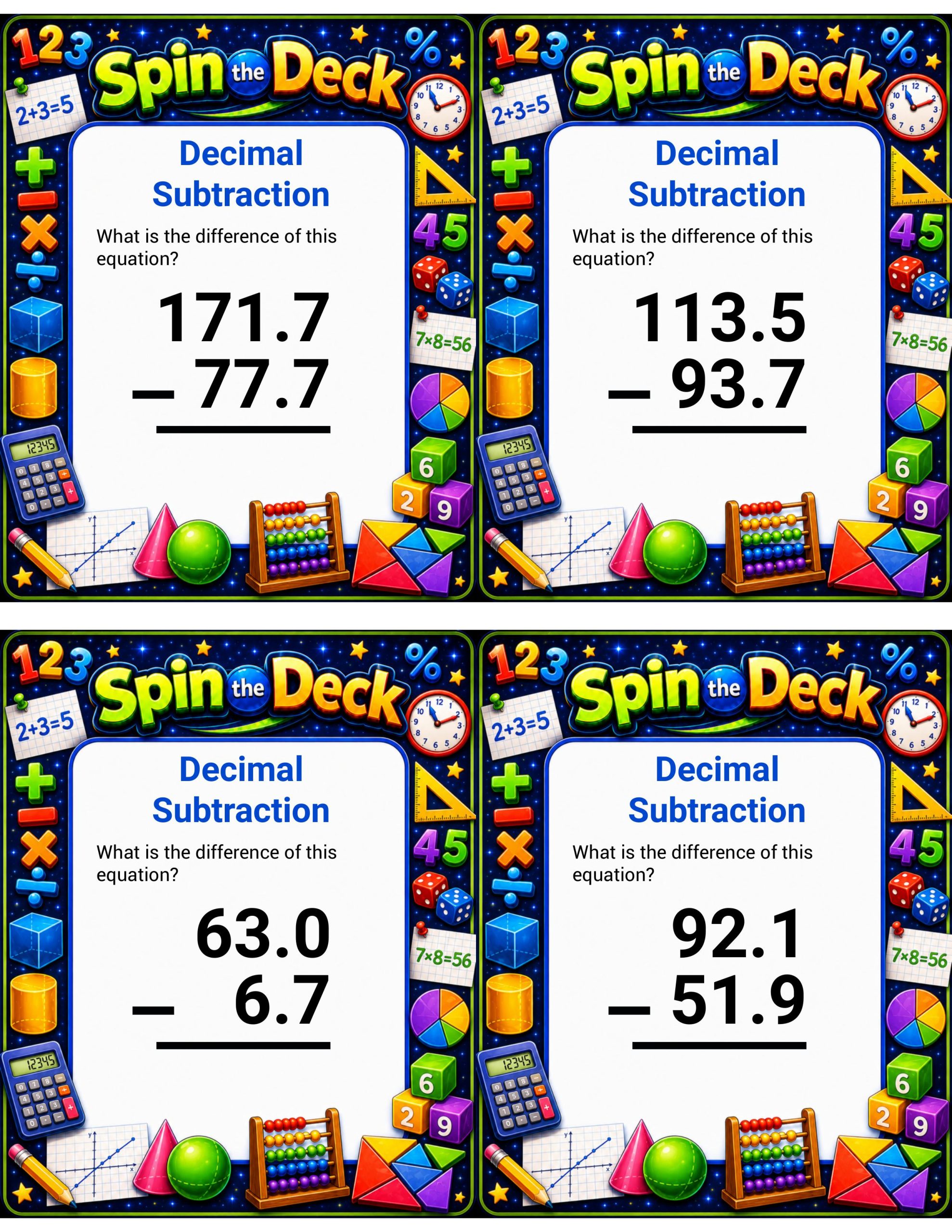 Spin the Deck – Decimal Subtraction | Decimal Operations and Math Practice Cards