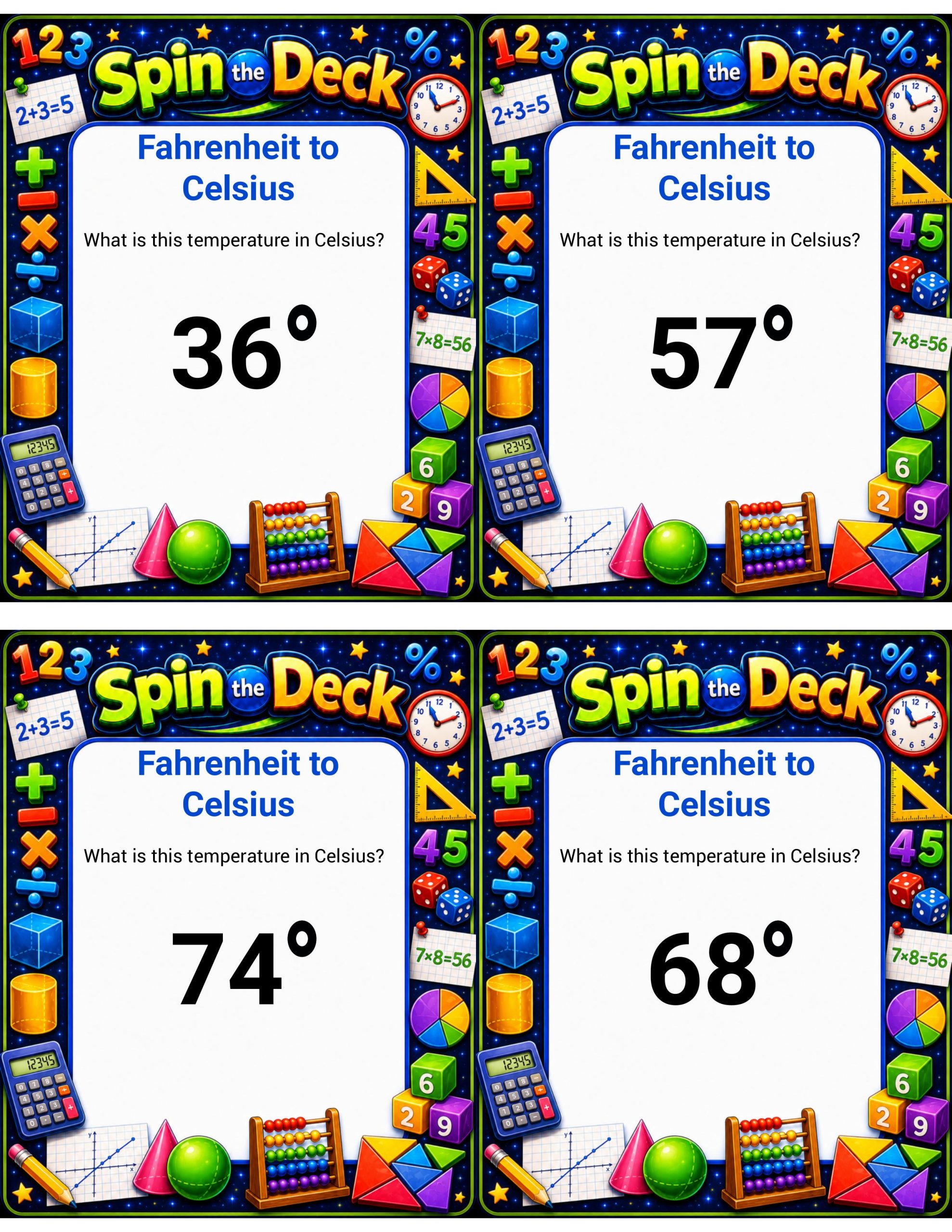 Spin the Deck – Fahrenheit to Celsius | Temperature Conversion Task Cards