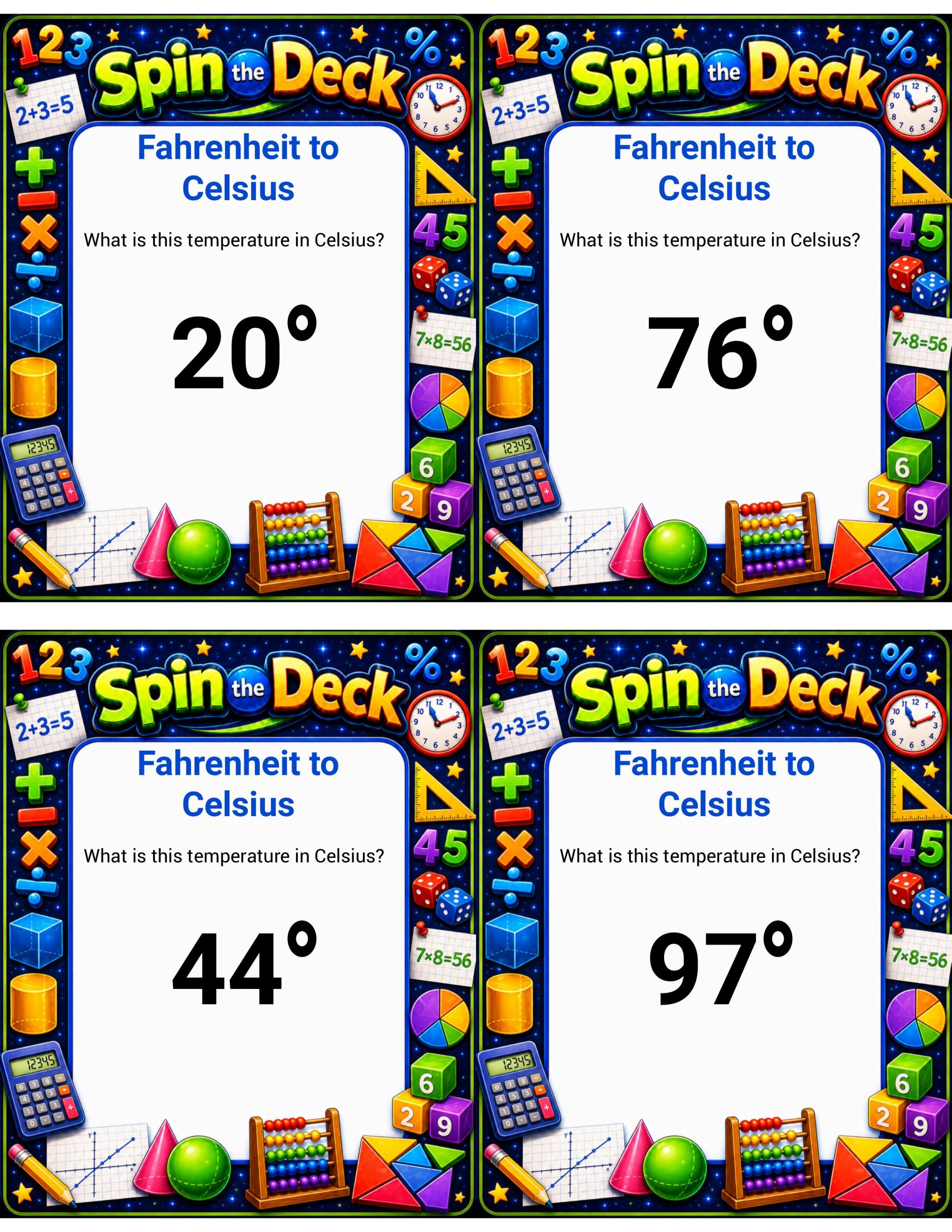 Spin the Deck – Fahrenheit to Celsius | Temperature Conversion Task Cards