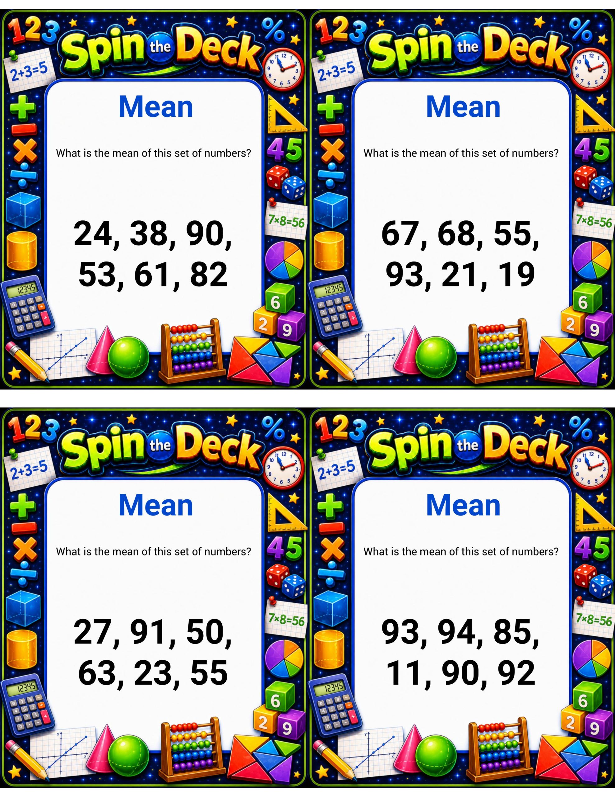 Spin the Deck – Mean | Finding the Average Math Practice Cards