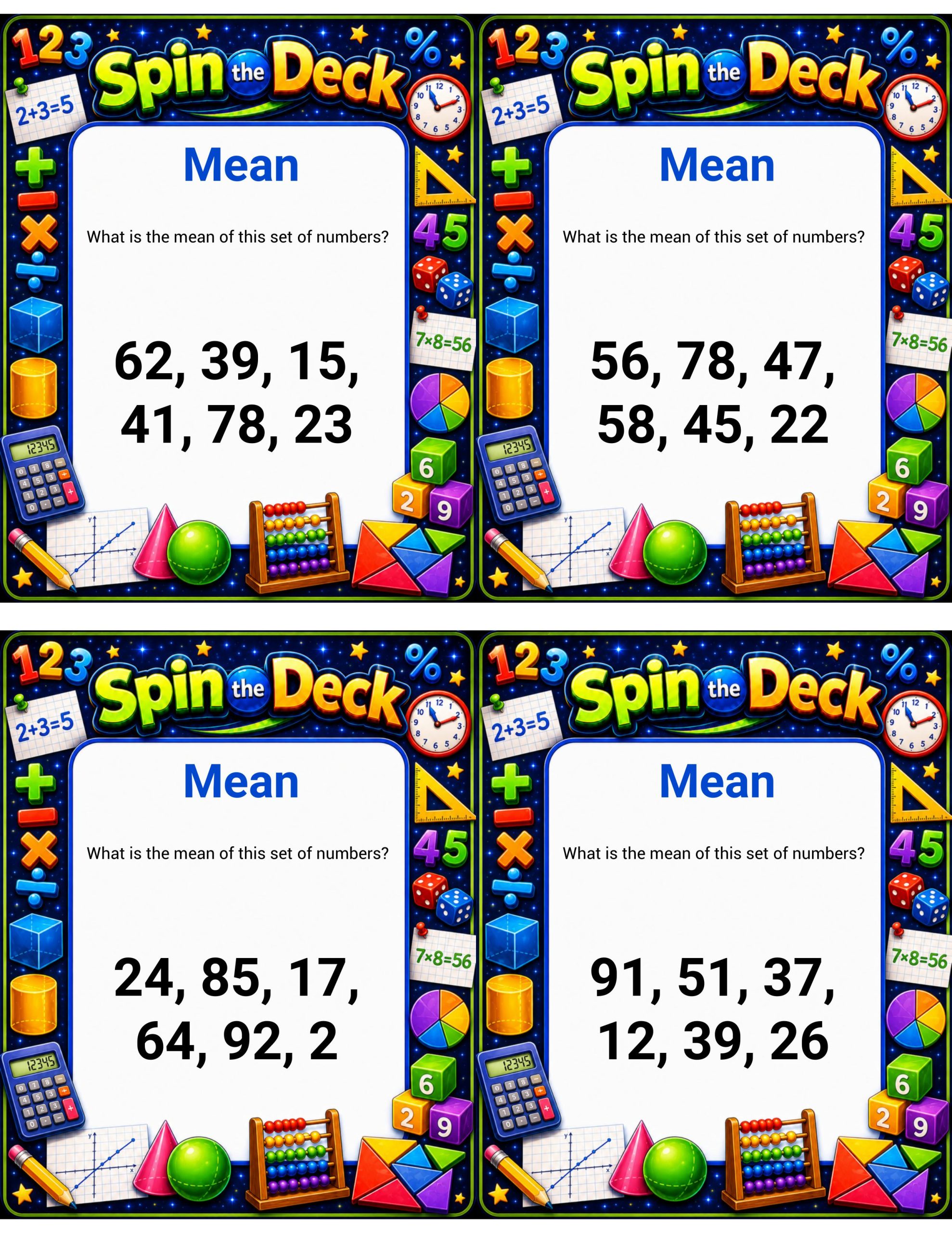 Spin the Deck – Mean | Finding the Average Math Practice Cards
