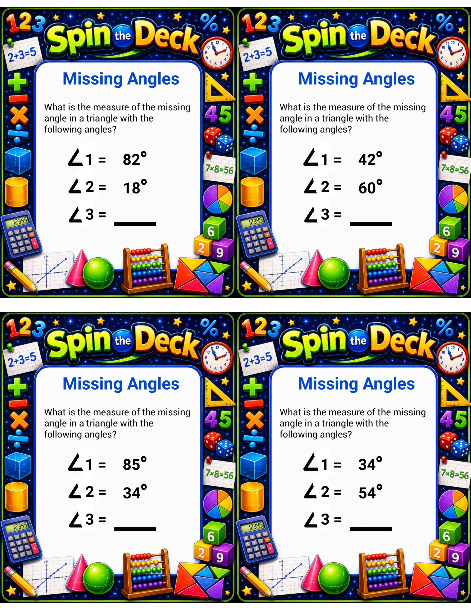 Spin the Deck – Missing Angles | Triangle Angle Sum Geometry Task Cards