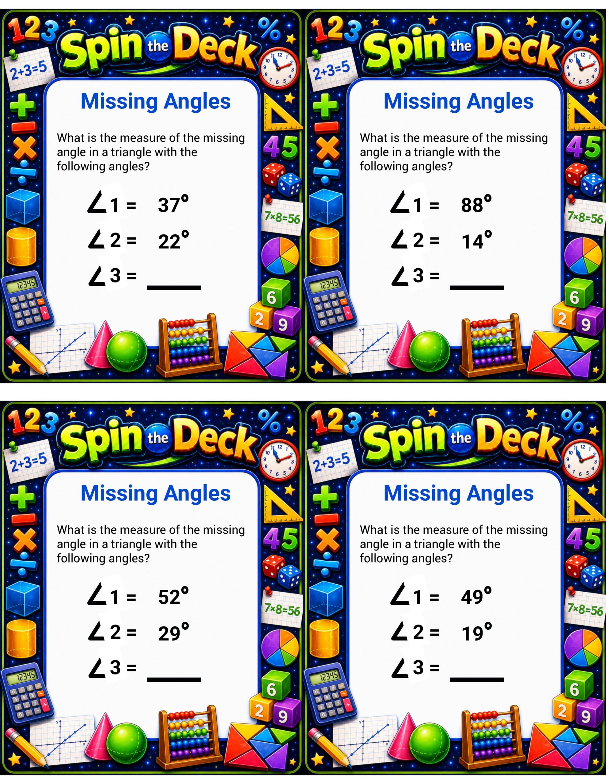 Spin the Deck – Missing Angles | Triangle Angle Sum Geometry Task Cards