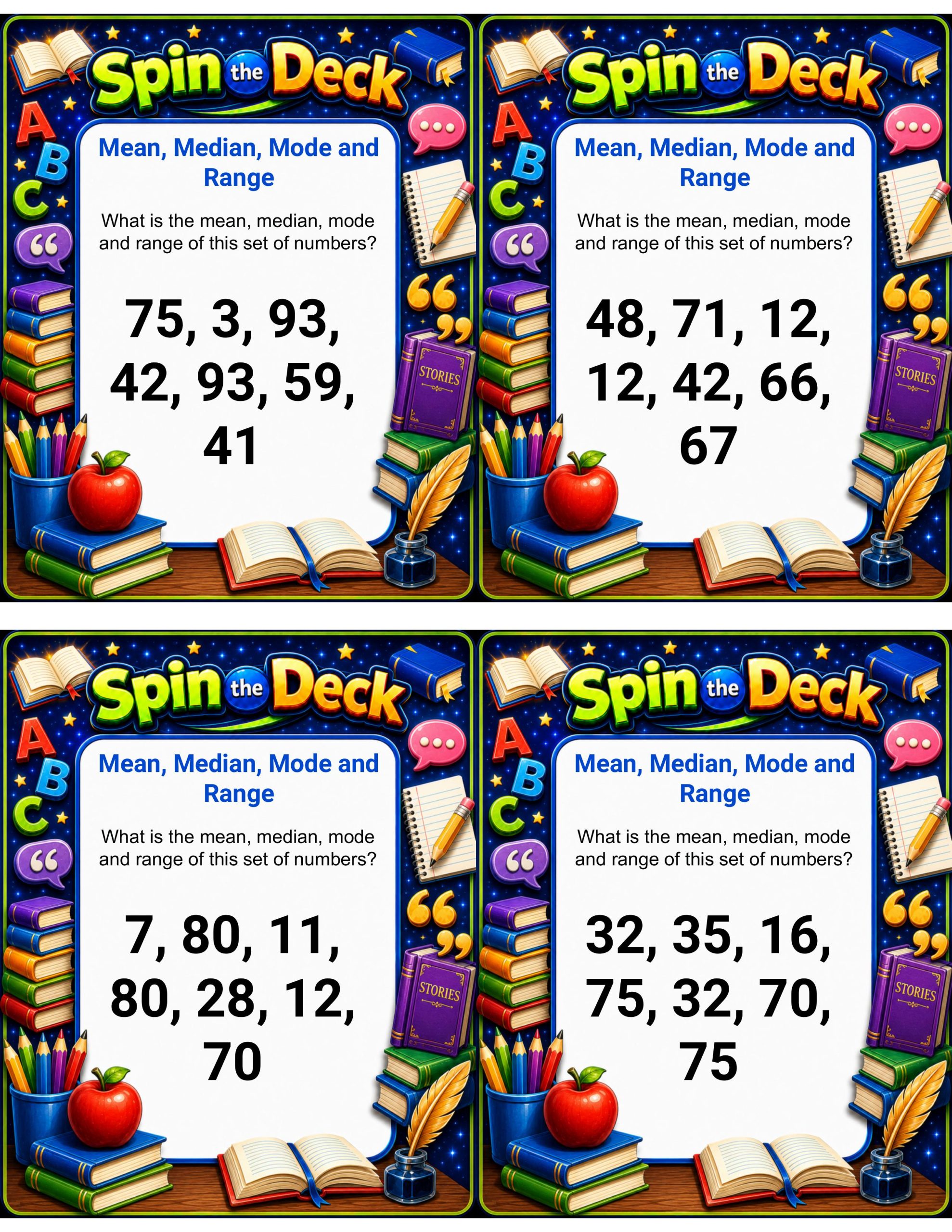 Spin the Deck – Mean, Median, Mode and Range | Statistics and Data Analysis Task Cards