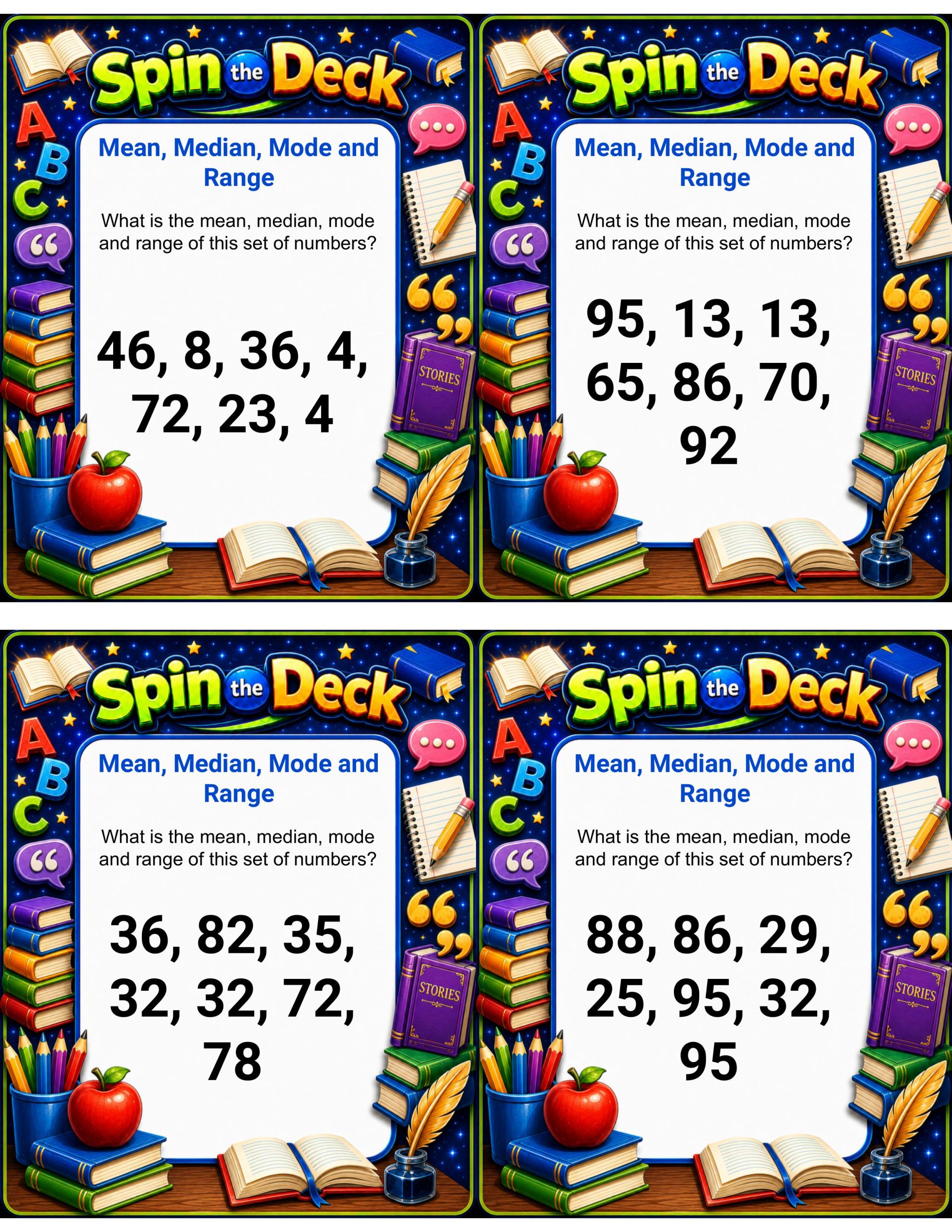 Spin the Deck – Mean, Median, Mode and Range | Statistics and Data Analysis Task Cards