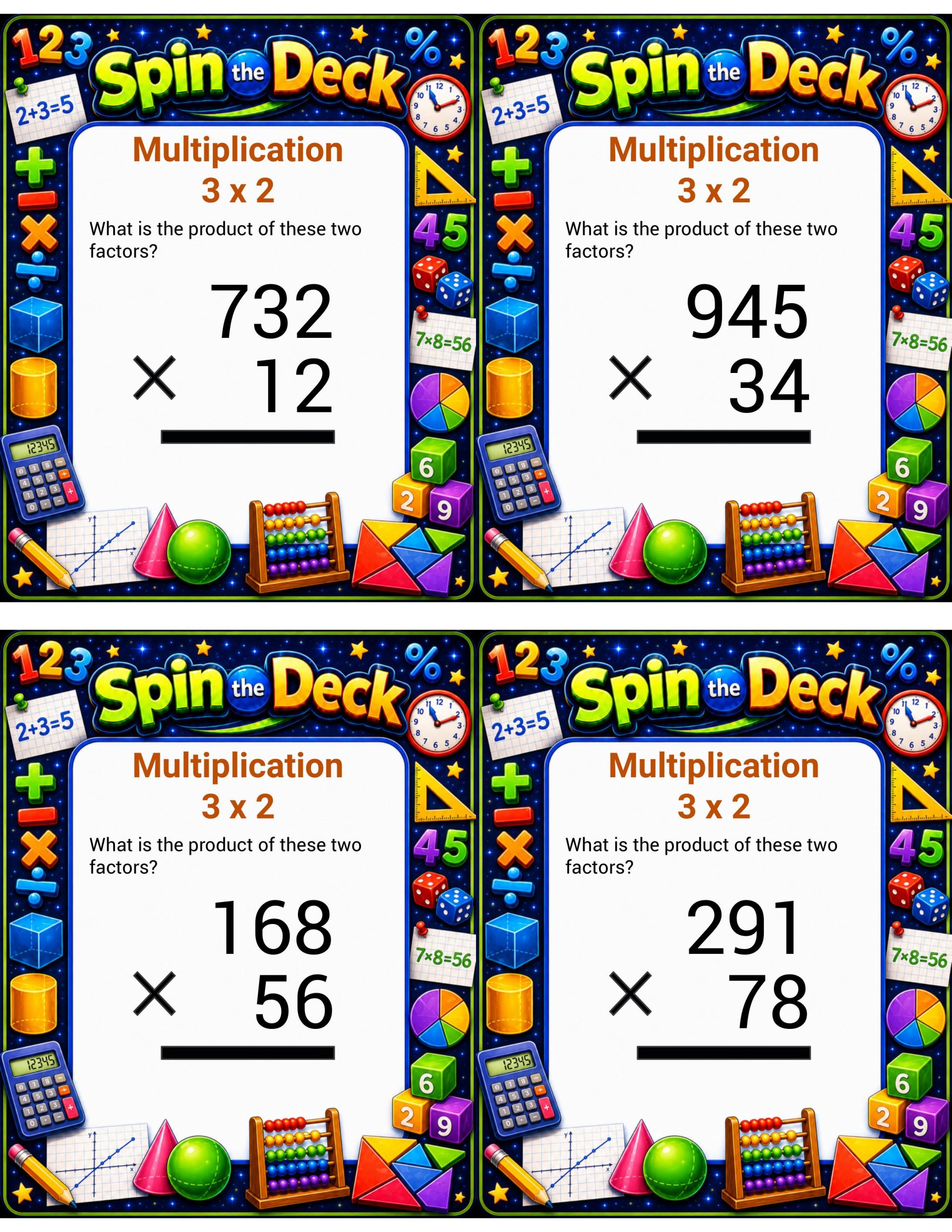Spin the Deck: Multiplication 3 × 2 | 3-Digit by 2-Digit Multiplication Task Cards