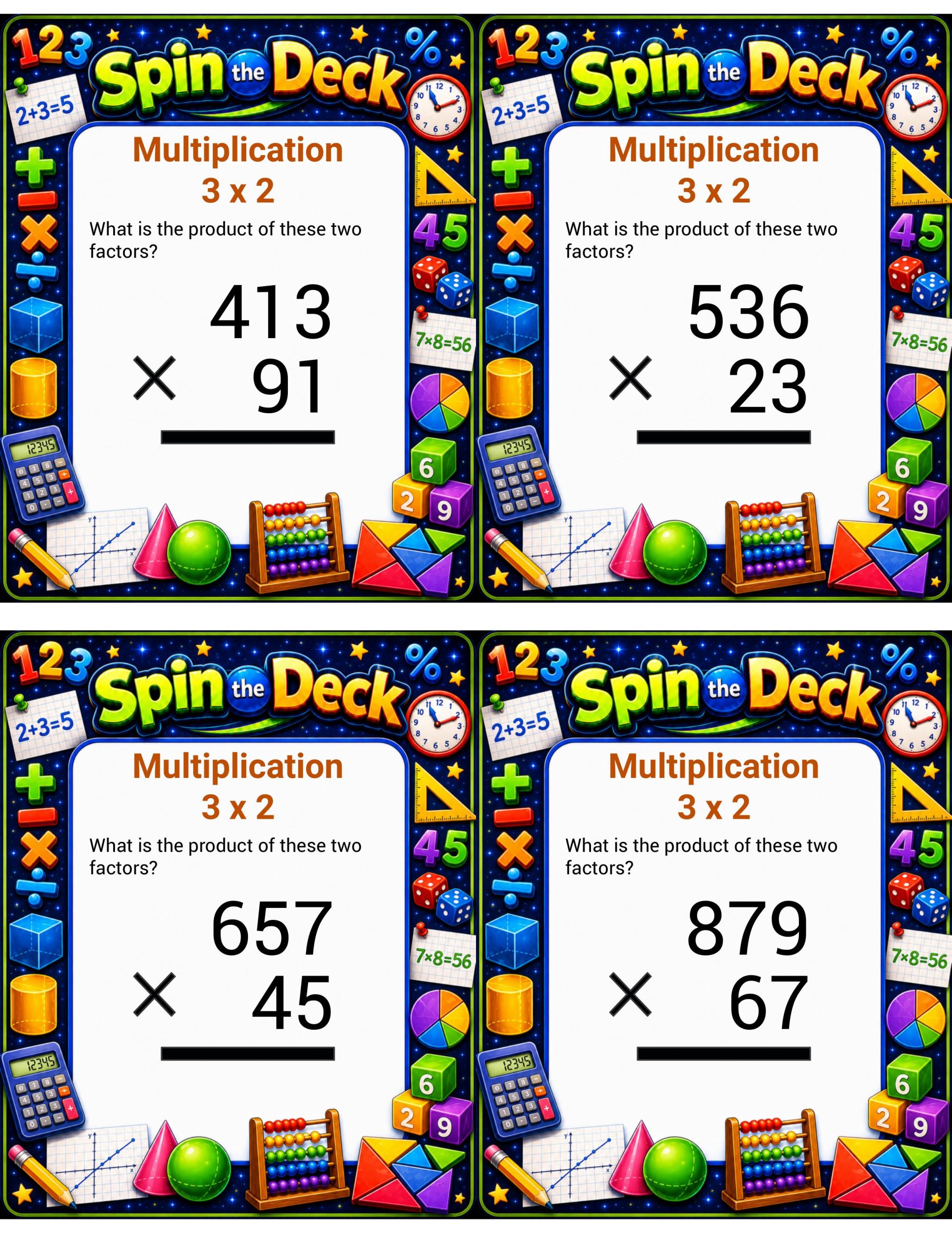 Spin the Deck: Multiplication 3 × 2 | 3-Digit by 2-Digit Multiplication Task Cards