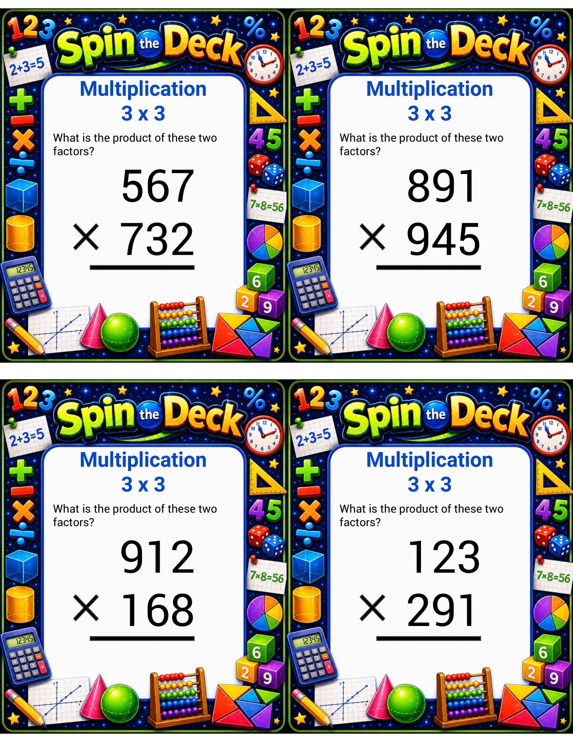 Spin the Deck – Multiplication 3 × 3 Set 2 | Multi-Digit Multiplication Task Cards