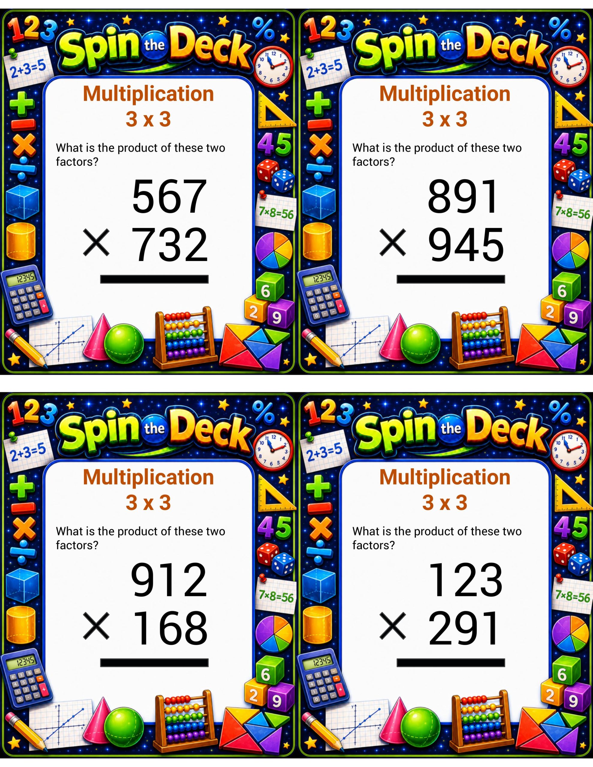 Spin the Deck: Multiplication 3 × 3 | 3-Digit by 3-Digit Multiplication Task Cards