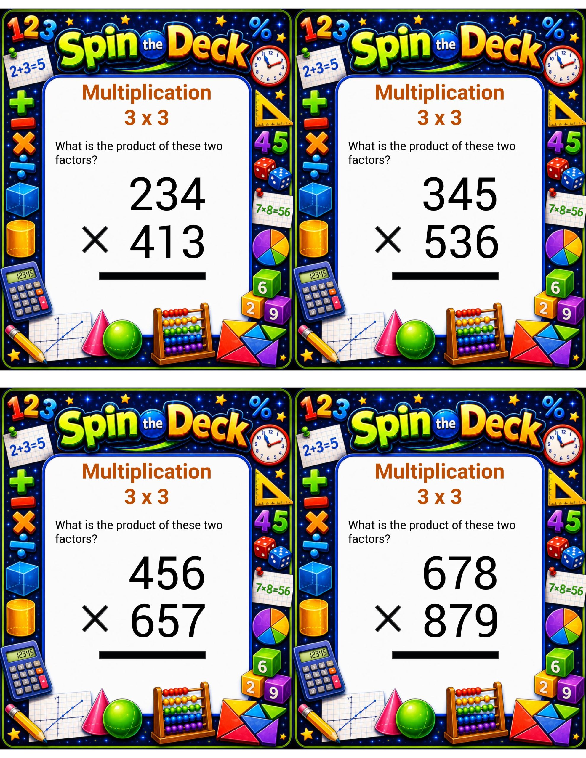 Spin the Deck: Multiplication 3 × 3 | 3-Digit by 3-Digit Multiplication Task Cards